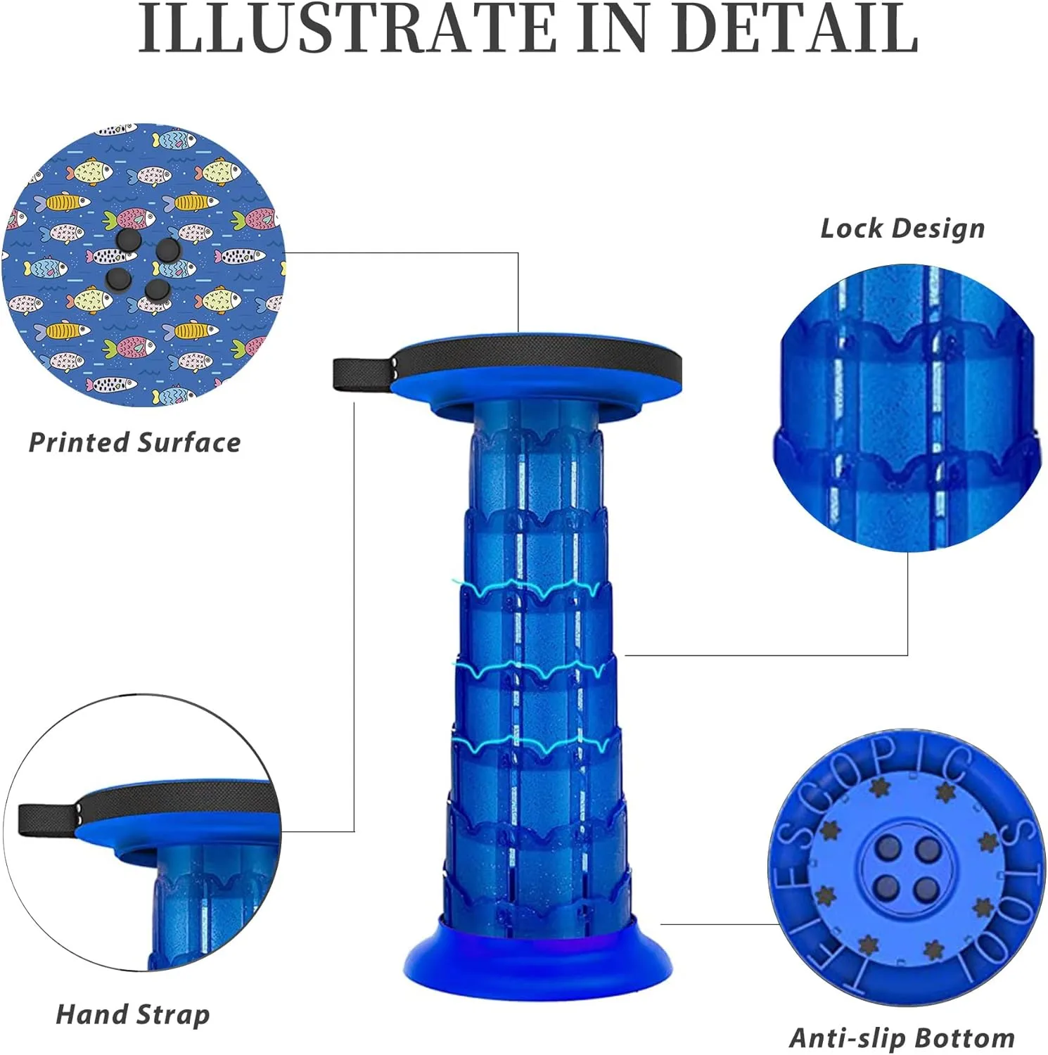 20.4" Telescoping Stool With Cushion - Portable Camping Seat, 550lb Capacity, Collapsible and Adjustable for Garden, Fishing, Hiking, BBQ - Includes Carry Bag and Carabiner