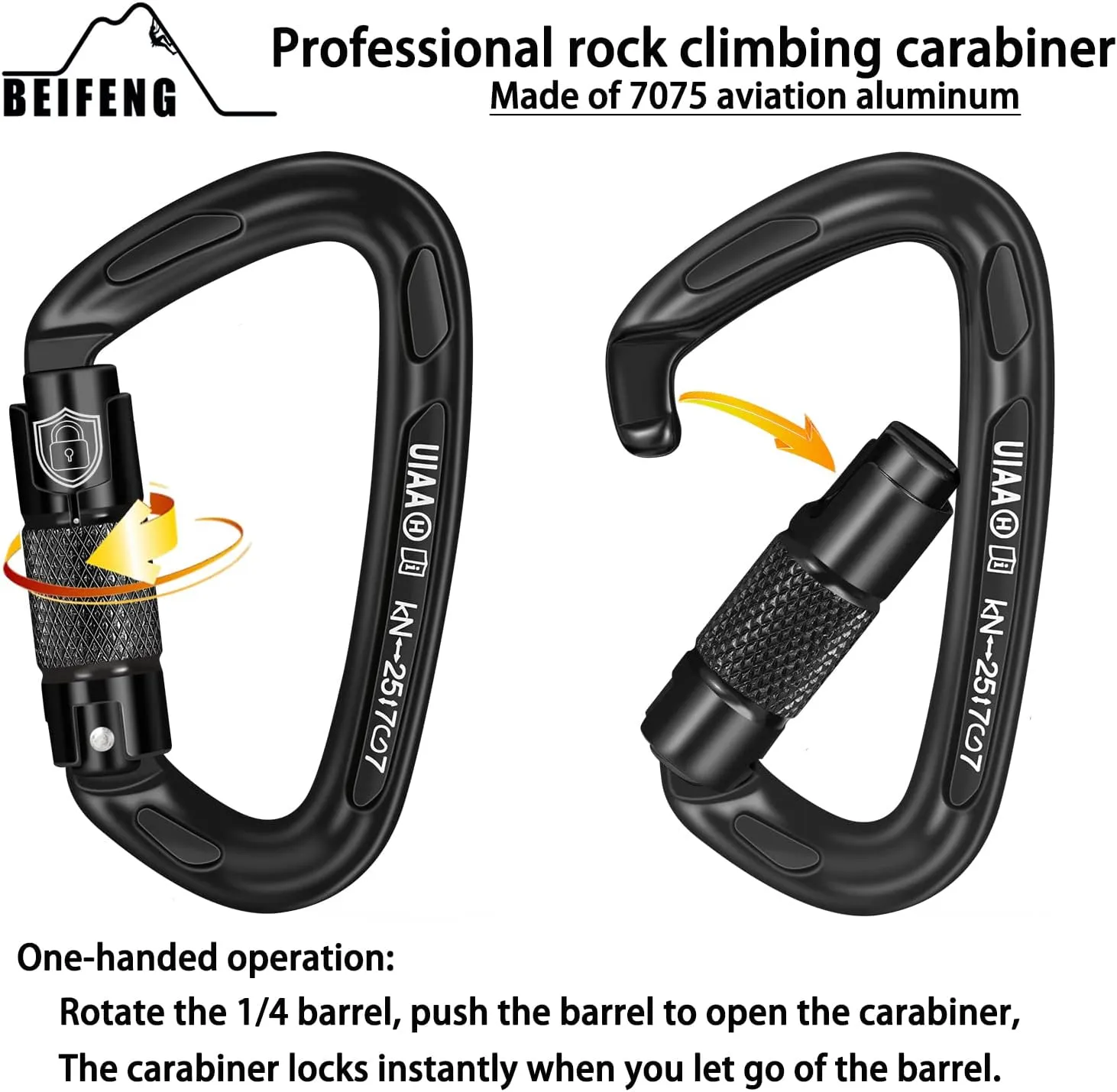 25KN Auto Locking Carabiner - UIAA Certified Heavy Duty Climbing Carabiners for Rock Climbing, Camping, Rappelling, Hunting, Rescue Equipment - Professional Carabiner Clips (Black)