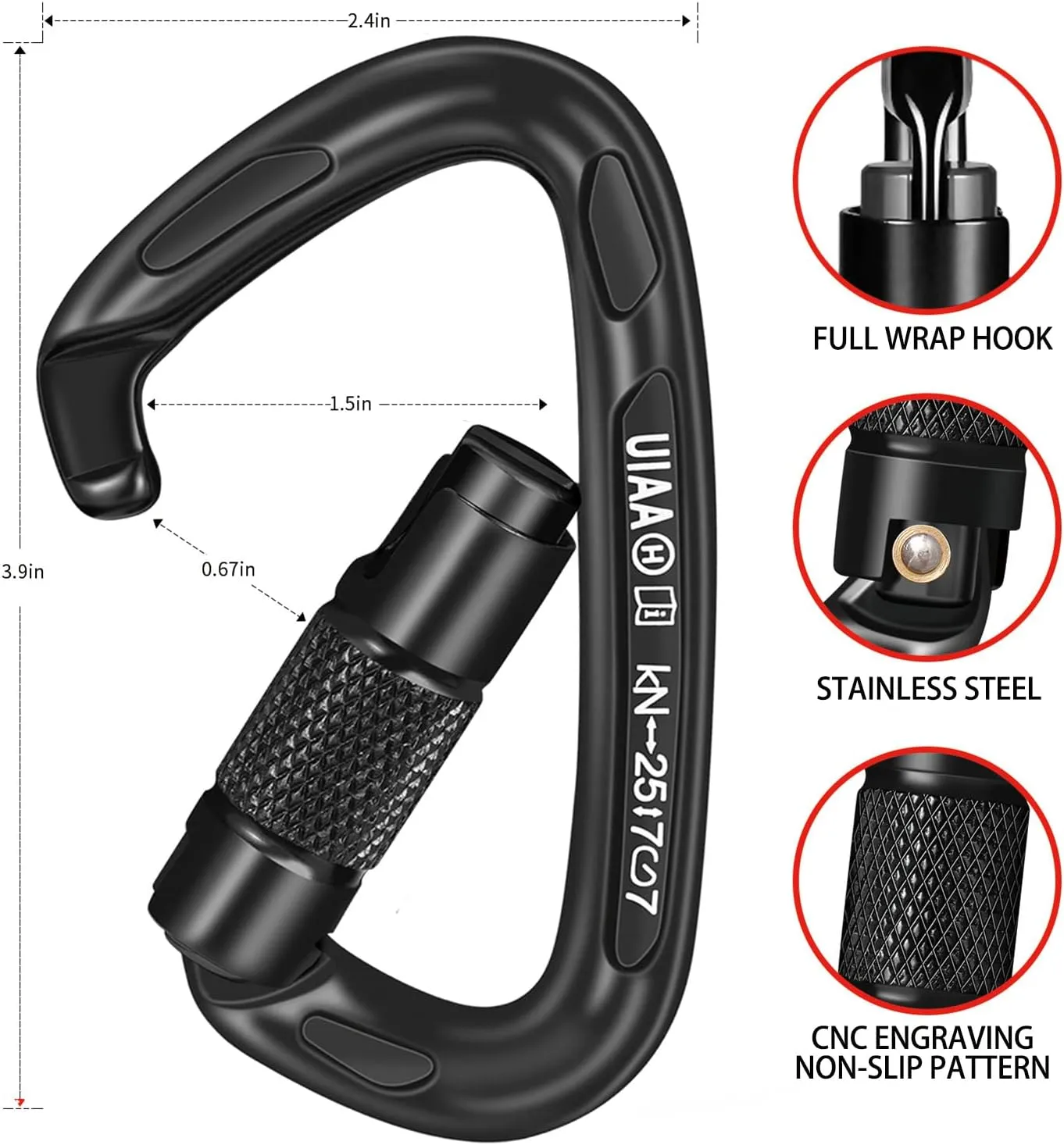 25KN Auto Locking Carabiner - UIAA Certified Heavy Duty Climbing Carabiners for Rock Climbing, Camping, Rappelling, Hunting, Rescue Equipment - Professional Carabiner Clips (Black)