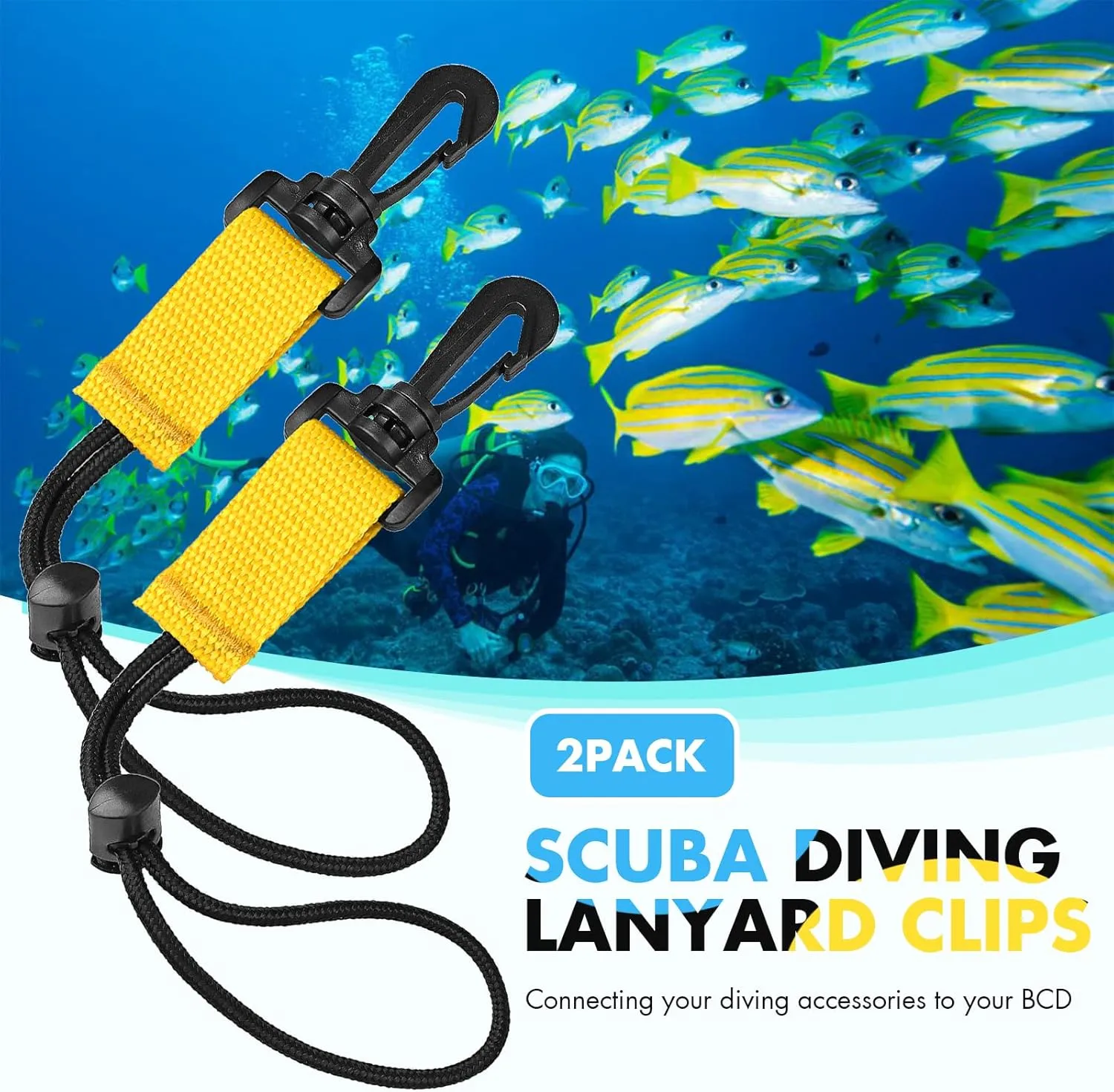 2Pack Scuba Diving Lanyard Clips with Nylon Webbing Strap Adjustable Cord and Slide Locking Fits for Dive Octo Holder, Secure Camera & Gear Attachment