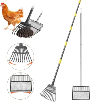 2pcs adjustable heavy 10 inch wide shovel area of chicken scooper for poop（36.6-61.8"long）and 11 tooth chicken coop rake（36.7-73"long）. Suit for cleaning chicken coops, racecourses, and sheep pens