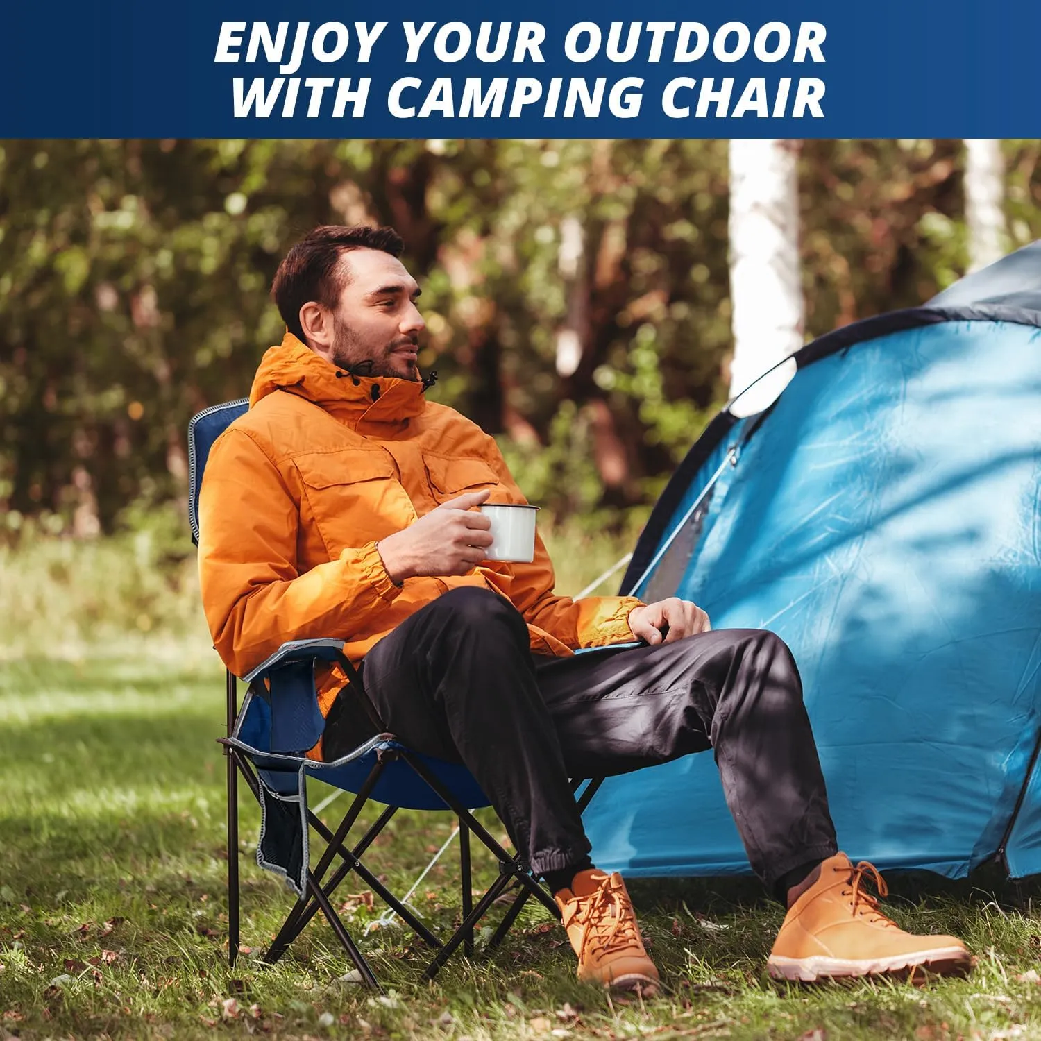 2PCS Mesh Folding Camping Chairs, Oversized Portable Outdoor Chairs, Weight Capacity 325 lbs with Cup Holder, Storage Pocket, Carry Bag Blue