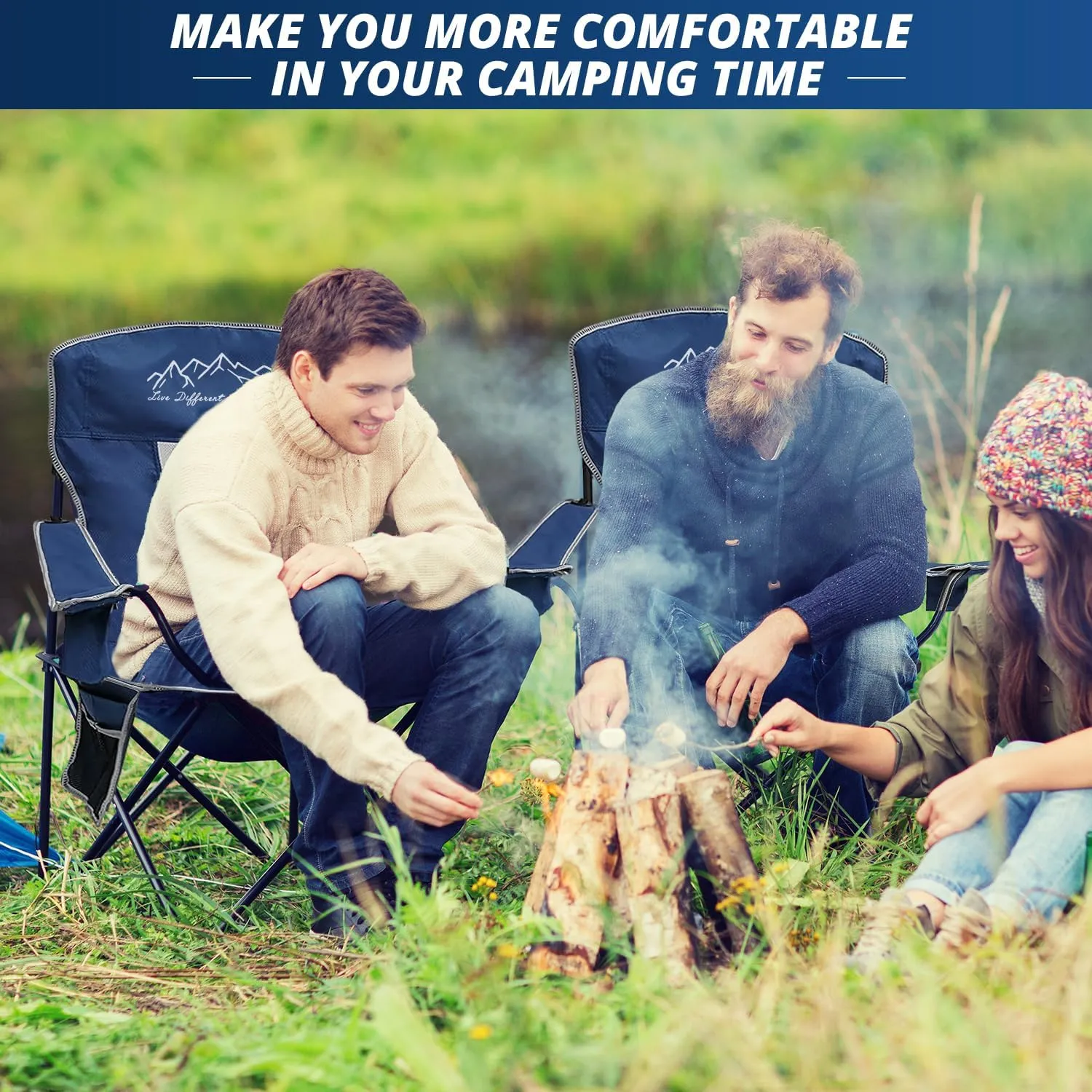 2PCS Mesh Folding Camping Chairs, Oversized Portable Outdoor Chairs, Weight Capacity 325 lbs with Cup Holder, Storage Pocket, Carry Bag Blue