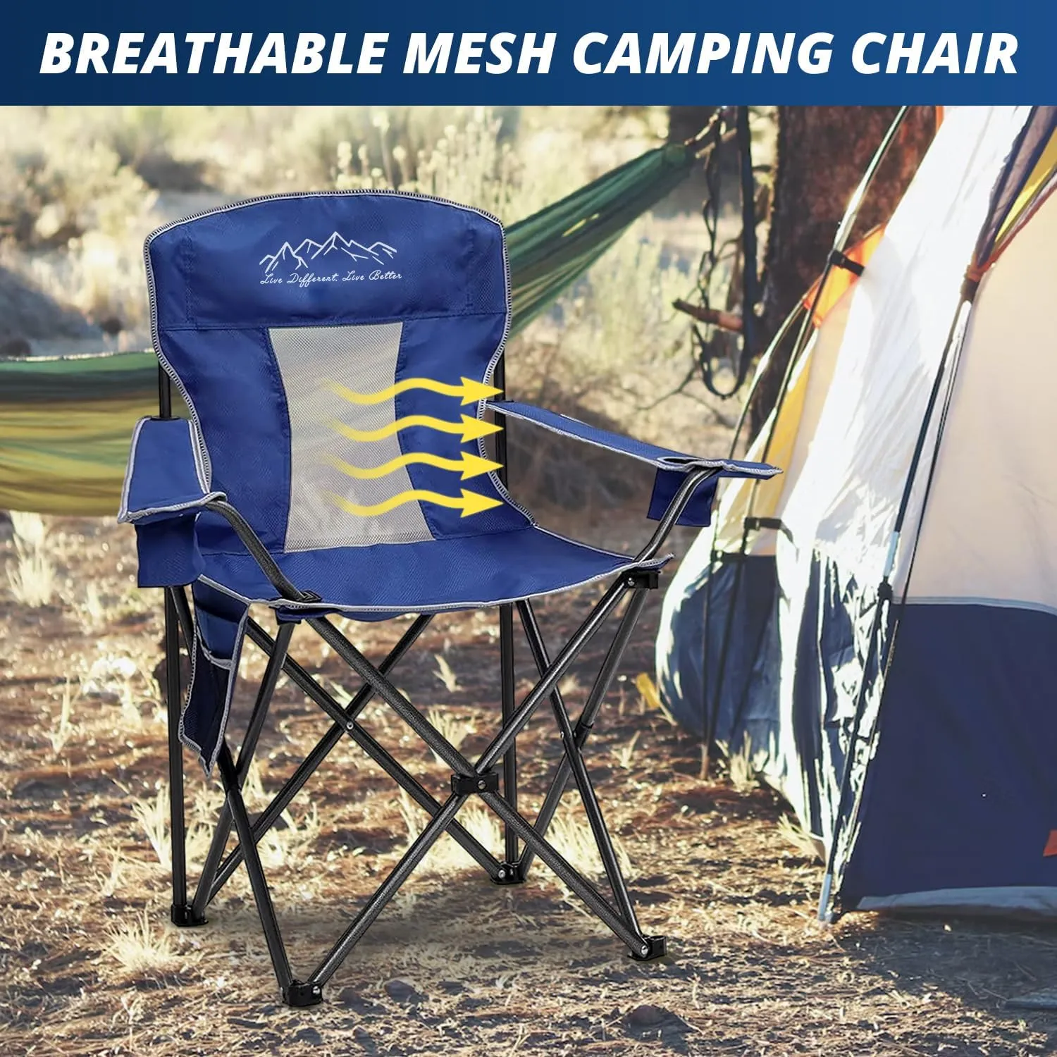 2PCS Mesh Folding Camping Chairs, Oversized Portable Outdoor Chairs, Weight Capacity 325 lbs with Cup Holder, Storage Pocket, Carry Bag Blue