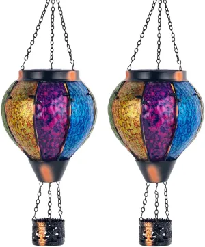 2PCS Solar Hot Air Balloon Lantern with Flame, Handmade Glass Hot Air Balloon Solar Lantern, Outdoor Lanterns Waterproof for Patio, Garden, Porch (Colorful)