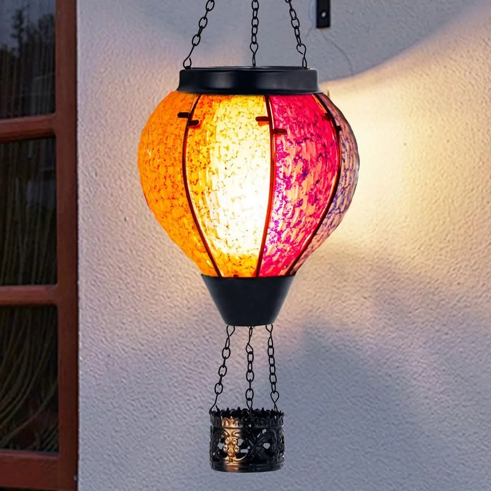 2PCS Solar Hot Air Balloon Lantern with Flame, Handmade Glass Hot Air Balloon Solar Lantern, Outdoor Lanterns Waterproof for Patio, Garden, Porch (Colorful)