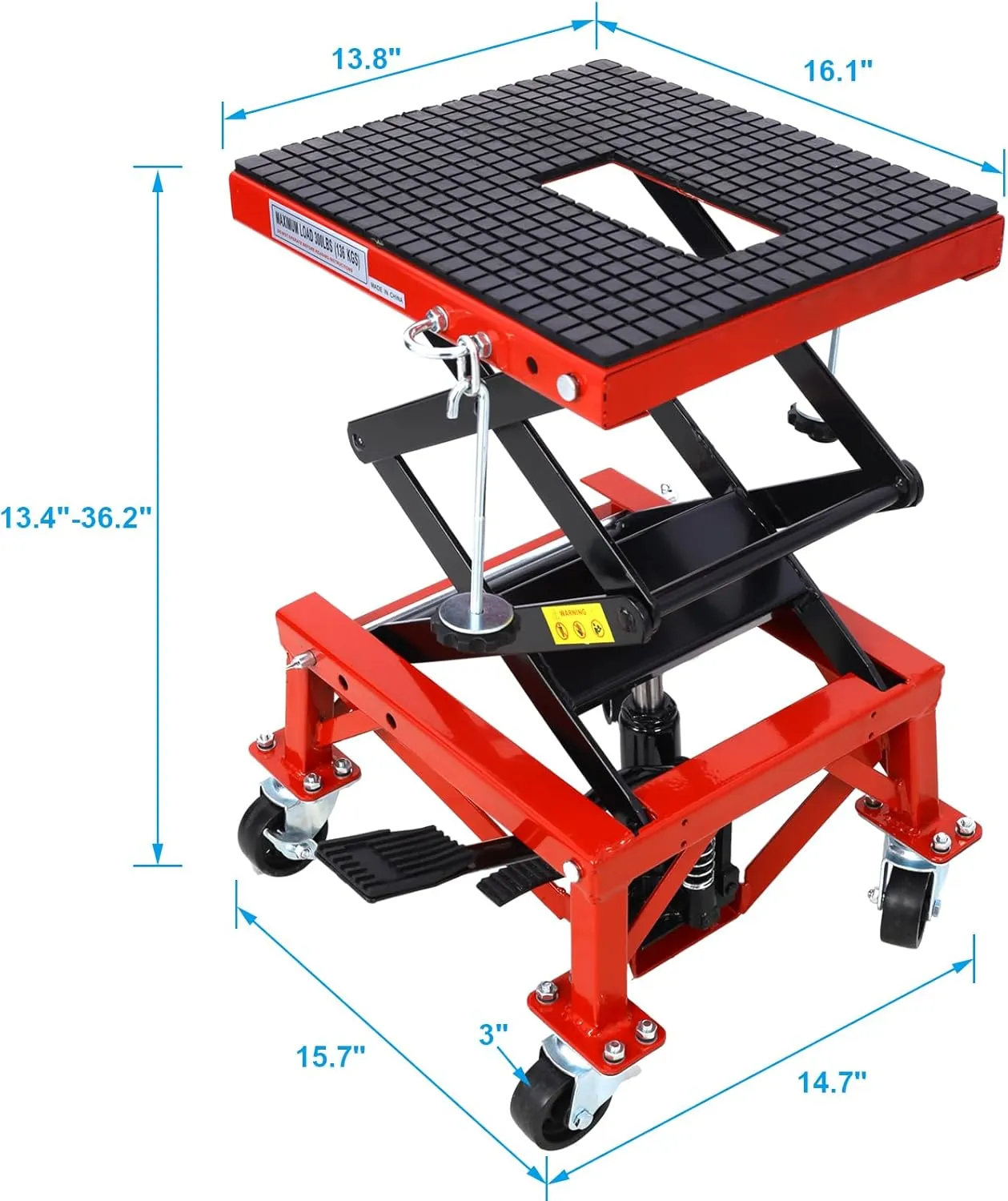 300 Lbs Hydraulic Motorcycle Scissor Jack Lift Foot Step with 4 Wheels Jack Stand Portable Lift Table Heavy Duty Hydraulic Motorcycle Lift Table Adjustable Lift Jack Stand for Small Dirt Bikes
