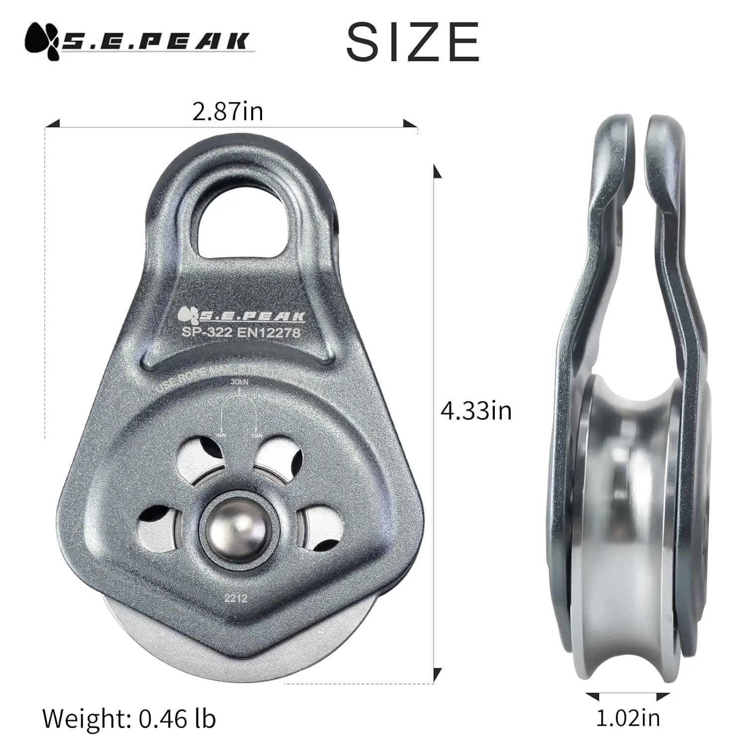 30kN Upgraded Rescue Single Pulley Sheave with Swing Plate,CE High Strength Pulley for Backyard Zipline, Climbing, Rock Rescue Lifting, Hauling, Fit Rope up to 13 mm/Holds Up to 6750lbs,Grey