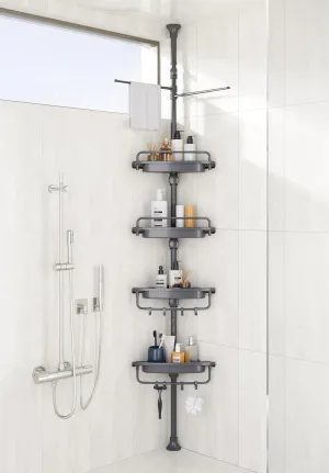 32-122inch Corner Shower Caddy Tension Pole Grey, Rustproof Drill-Free Shower Shelves for Bathroom Bathtub Washbasin, Adjustable Shower Organizer with 4 Tier Patent Stable Shelves & Towel Bars