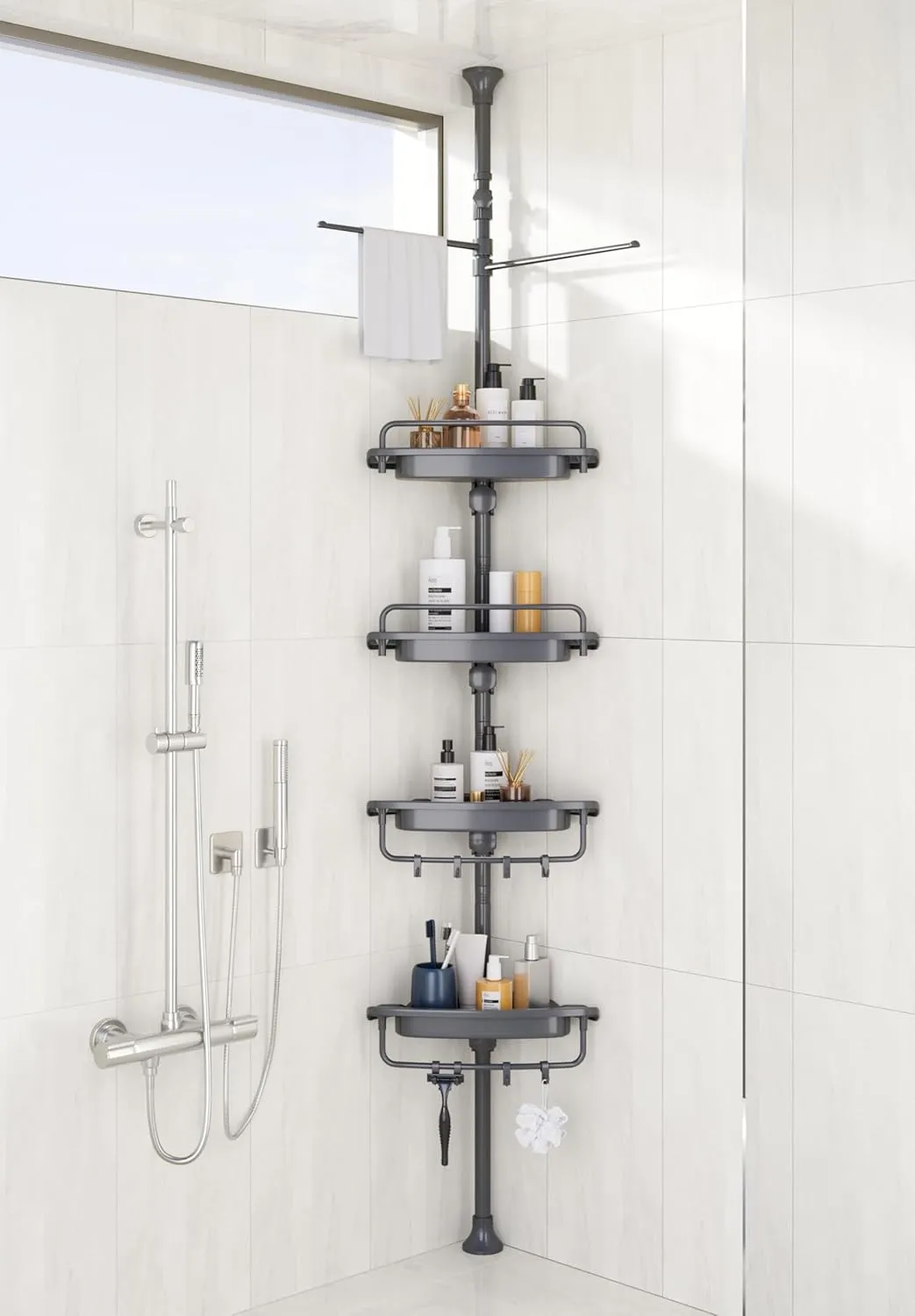 32-122inch Corner Shower Caddy Tension Pole Grey, Rustproof Drill-Free Shower Shelves for Bathroom Bathtub Washbasin, Adjustable Shower Organizer with 4 Tier Patent Stable Shelves & Towel Bars