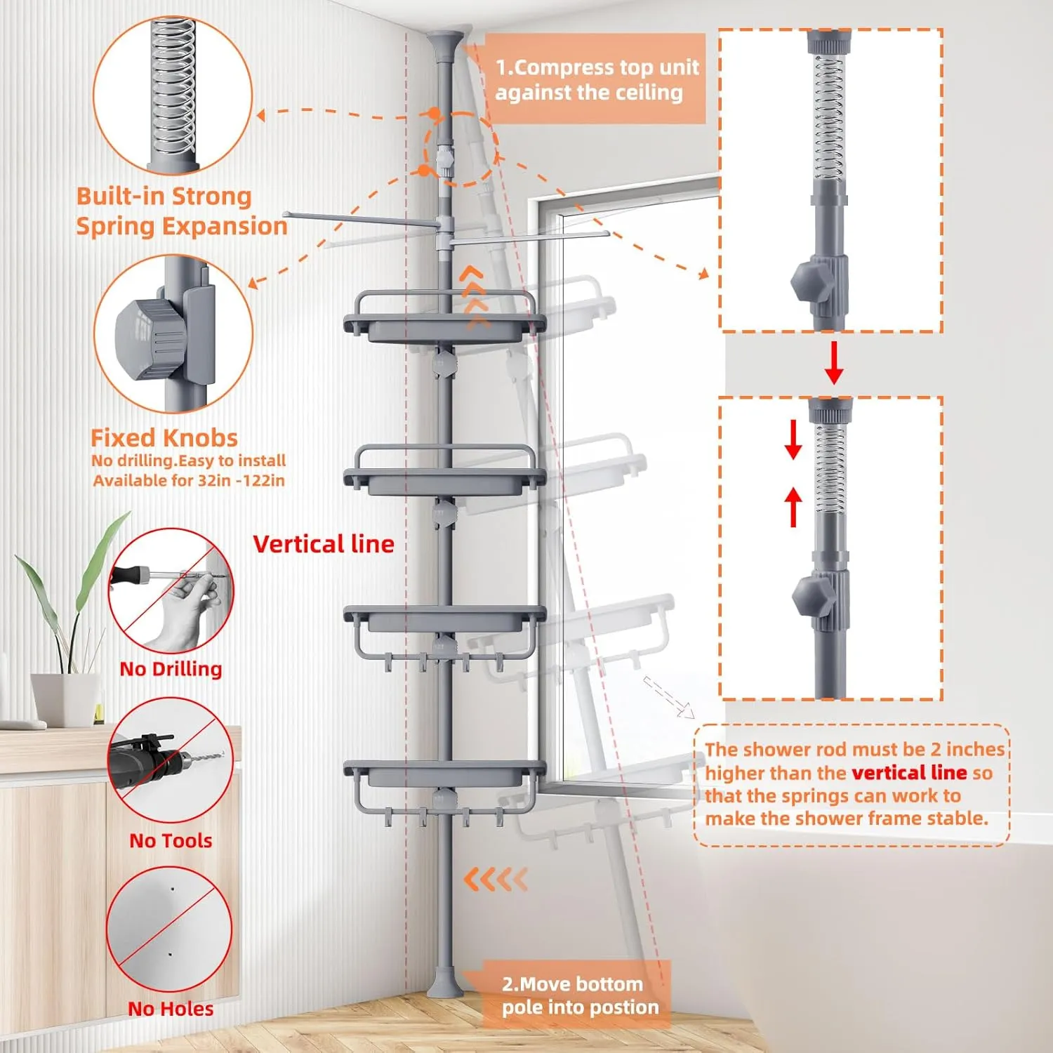 32-122inch Corner Shower Caddy Tension Pole Grey, Rustproof Drill-Free Shower Shelves for Bathroom Bathtub Washbasin, Adjustable Shower Organizer with 4 Tier Patent Stable Shelves & Towel Bars