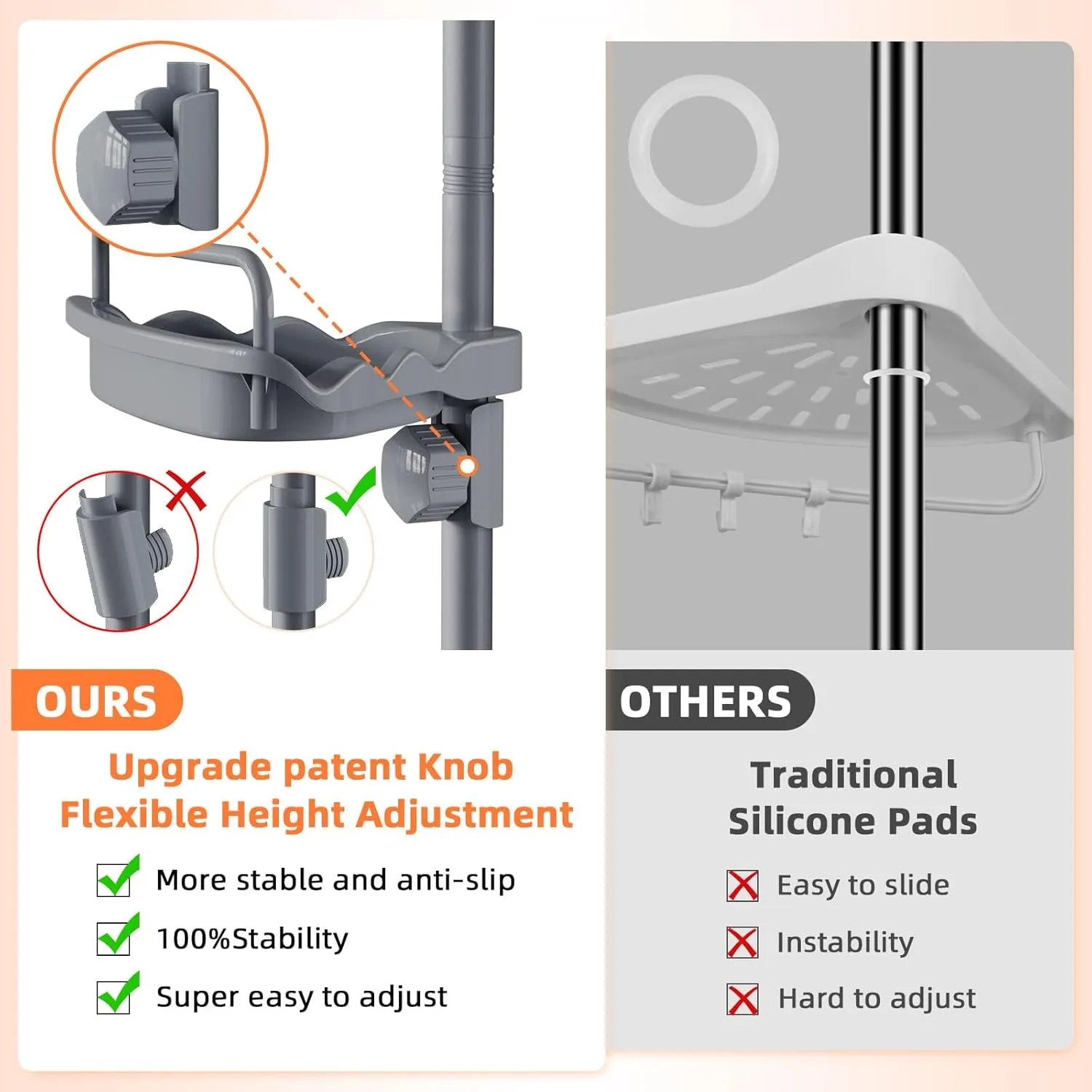 32-122inch Corner Shower Caddy Tension Pole Grey, Rustproof Drill-Free Shower Shelves for Bathroom Bathtub Washbasin, Adjustable Shower Organizer with 4 Tier Patent Stable Shelves & Towel Bars