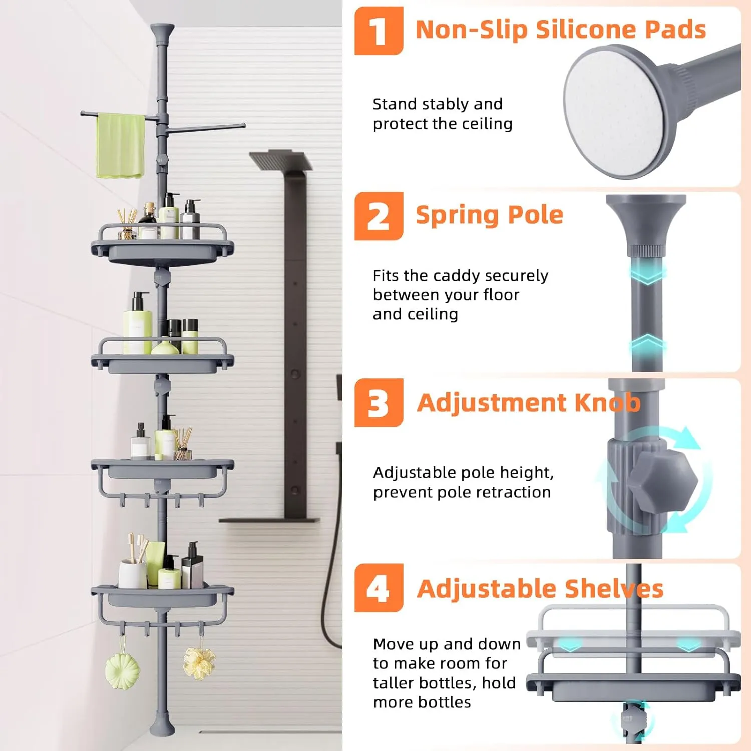 32-122inch Corner Shower Caddy Tension Pole Grey, Rustproof Drill-Free Shower Shelves for Bathroom Bathtub Washbasin, Adjustable Shower Organizer with 4 Tier Patent Stable Shelves & Towel Bars