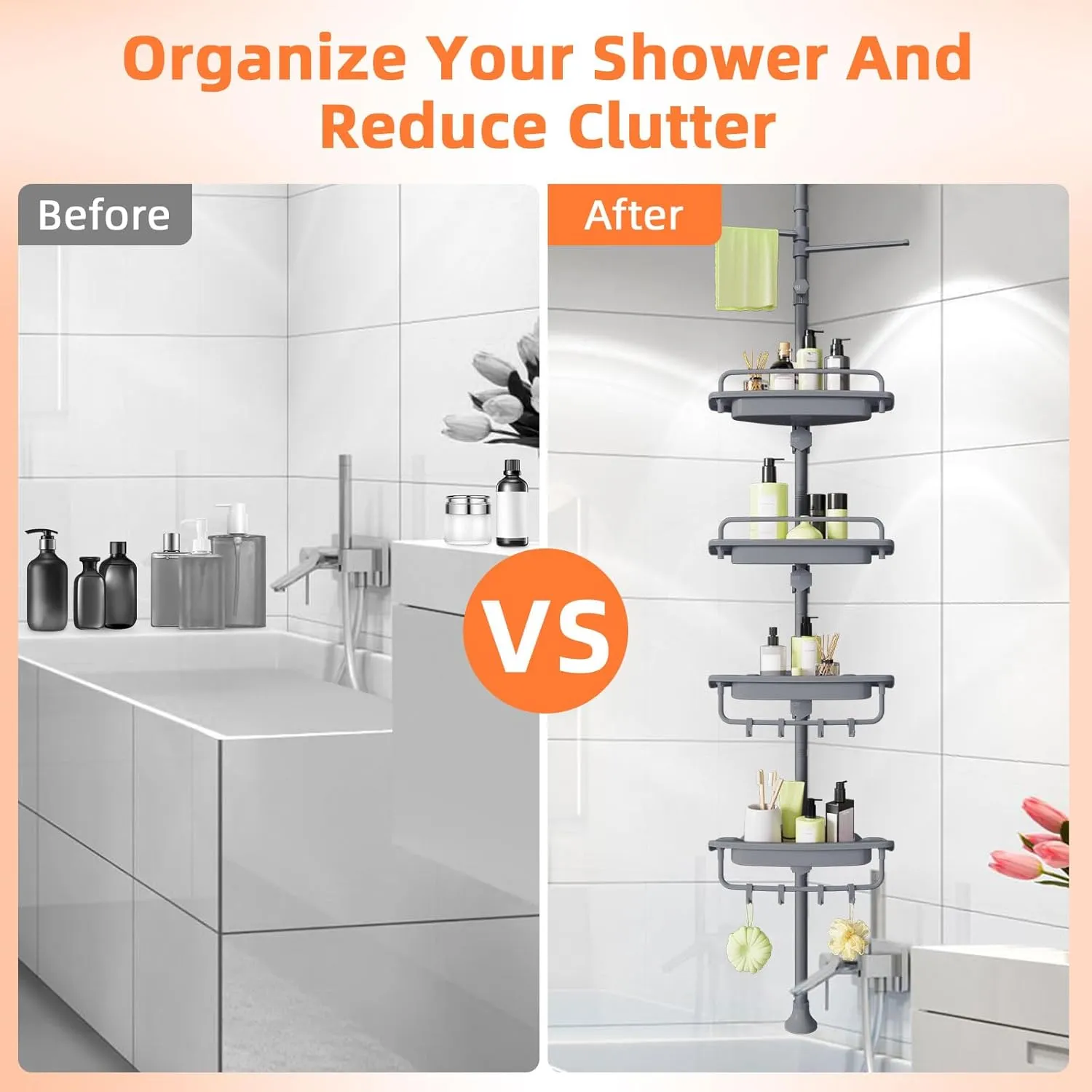 32-122inch Corner Shower Caddy Tension Pole Grey, Rustproof Drill-Free Shower Shelves for Bathroom Bathtub Washbasin, Adjustable Shower Organizer with 4 Tier Patent Stable Shelves & Towel Bars