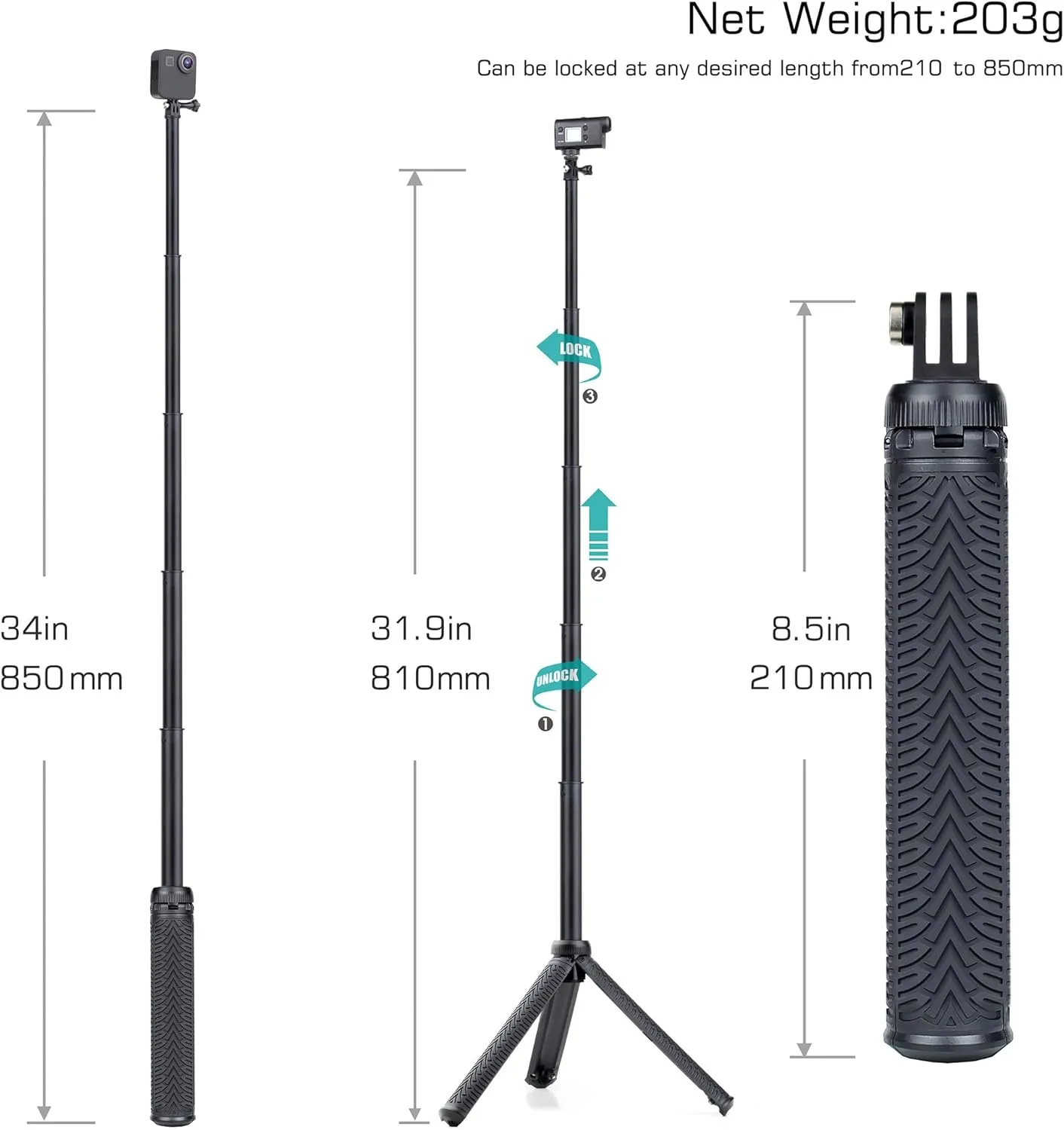 34''Waterproof Selfie Stick Underwater Tripod Pole Hand Grip for Go Pro Hero 13 12 11 10 9 8 7 6 5 4, AKASO,SJCAM,DJI Action 4 5 Cameras(3-in-1: Monopod,Selfie Stick,Tripod Stand)