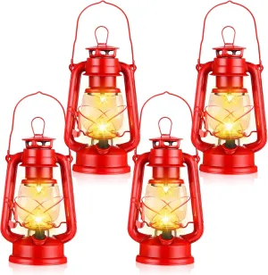 4 Pcs LED Vintage Lanterns Battery Operated Warm White Old Hurricane Lantern Antique Metal Hanging LED Lamp with Dimmer Switch for Indoor Table Outdoor Camping Lighting(Red)