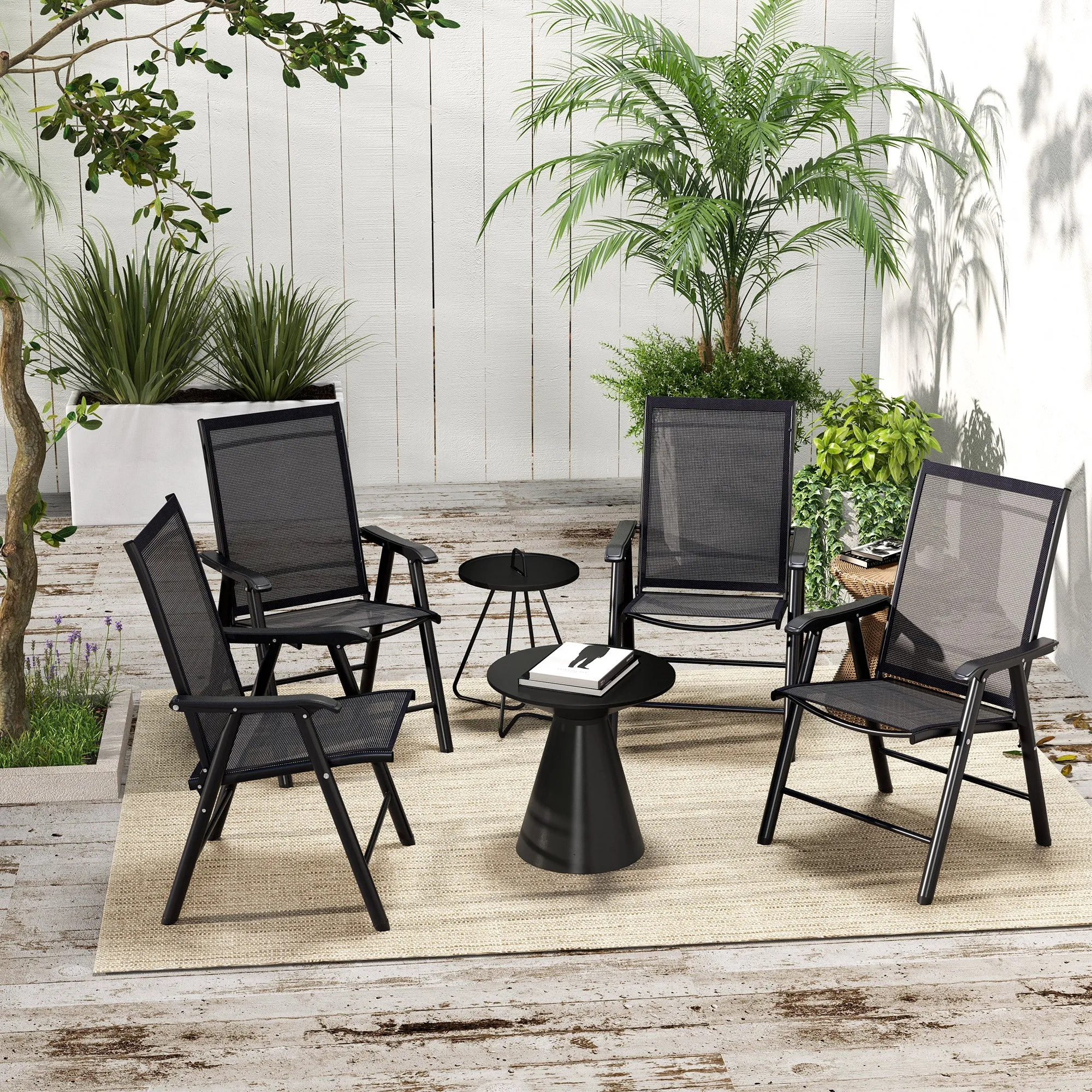 4-Piece Outdoor Folding Chairs, Stackable Metal Frame with Armrests, Black