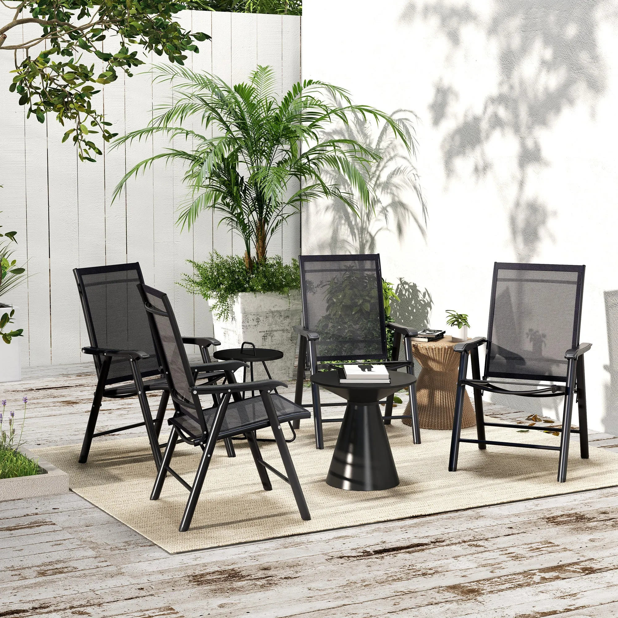 4-Piece Outdoor Folding Chairs, Stackable Metal Frame with Armrests, Black