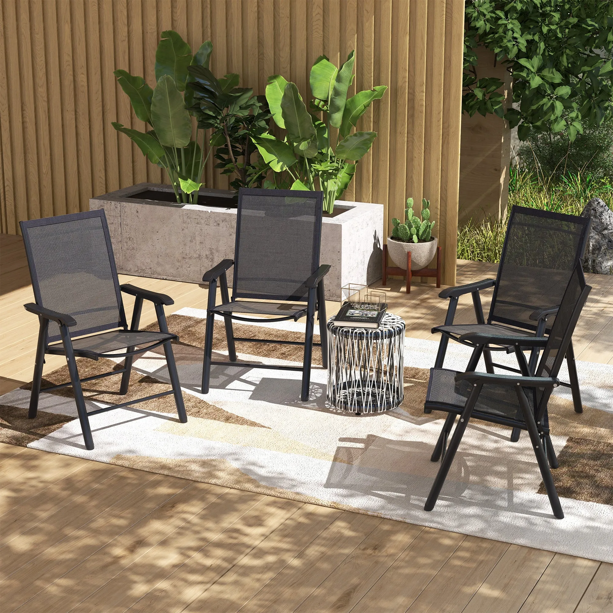 4-Piece Outdoor Folding Chairs, Stackable Metal Frame with Armrests, Black