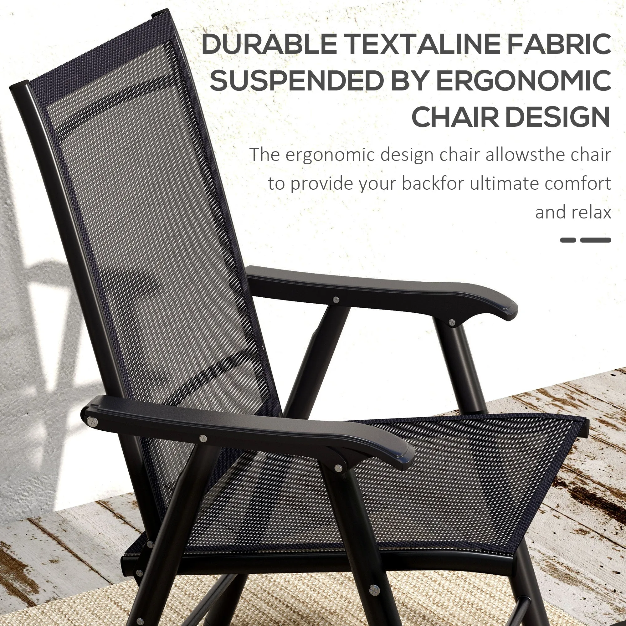4-Piece Outdoor Folding Chairs, Stackable Metal Frame with Armrests, Black