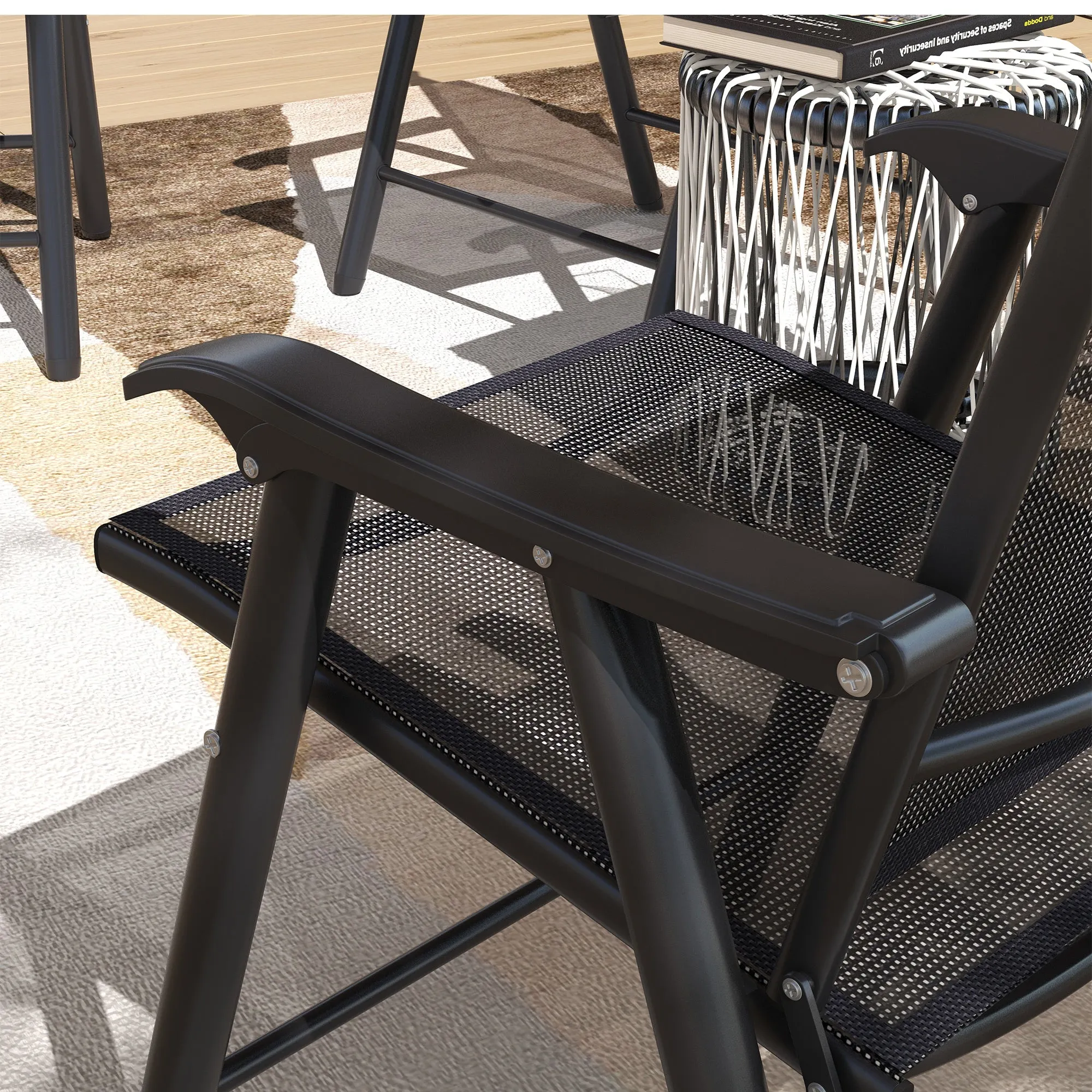4-Piece Outdoor Folding Chairs, Stackable Metal Frame with Armrests, Black
