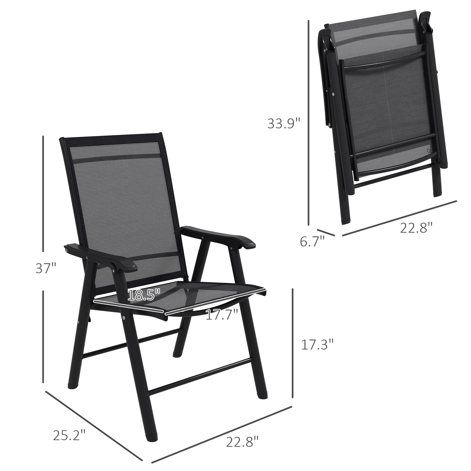 4-Piece Outdoor Folding Chairs, Stackable Metal Frame with Armrests, Black
