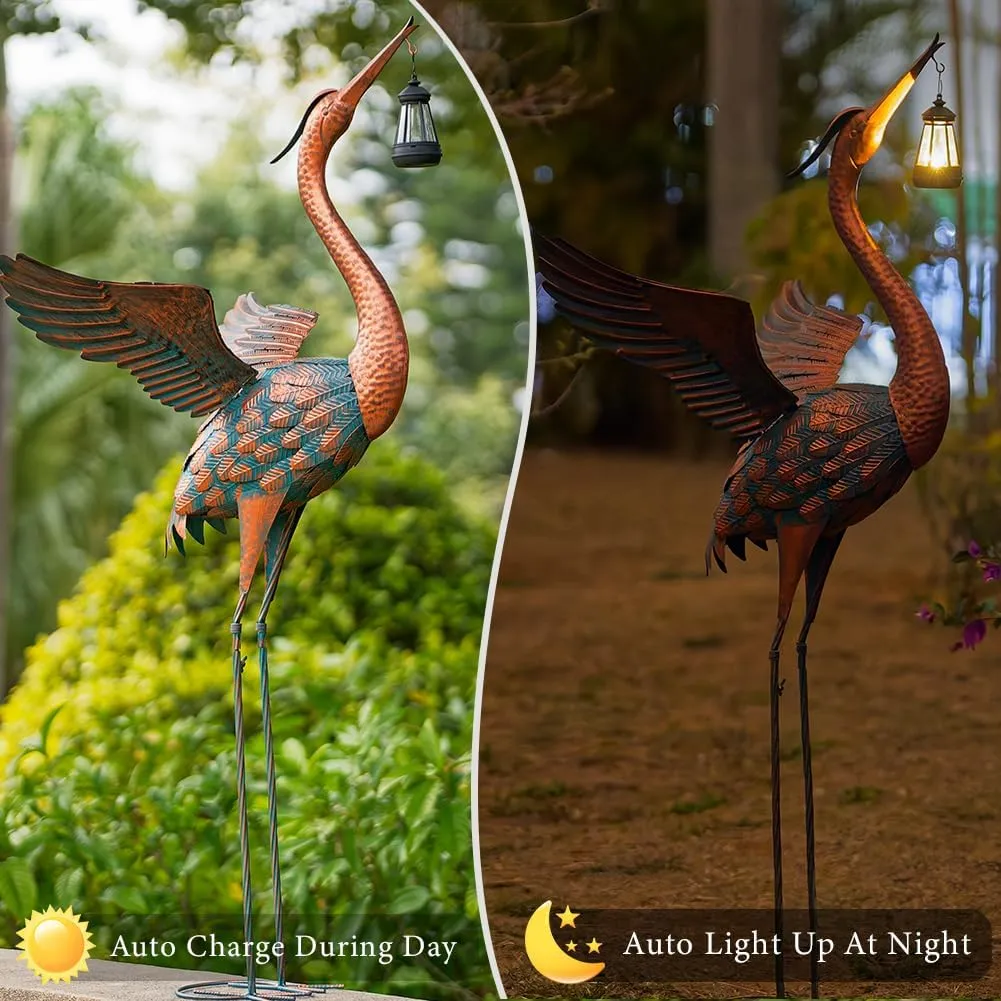 48'' Heron Garden Statue, Large Crane Outdoor Statue with Solar Lantern, Crane Bird Metal Yard Art for Outside Backyard, Pond, Porch Decor