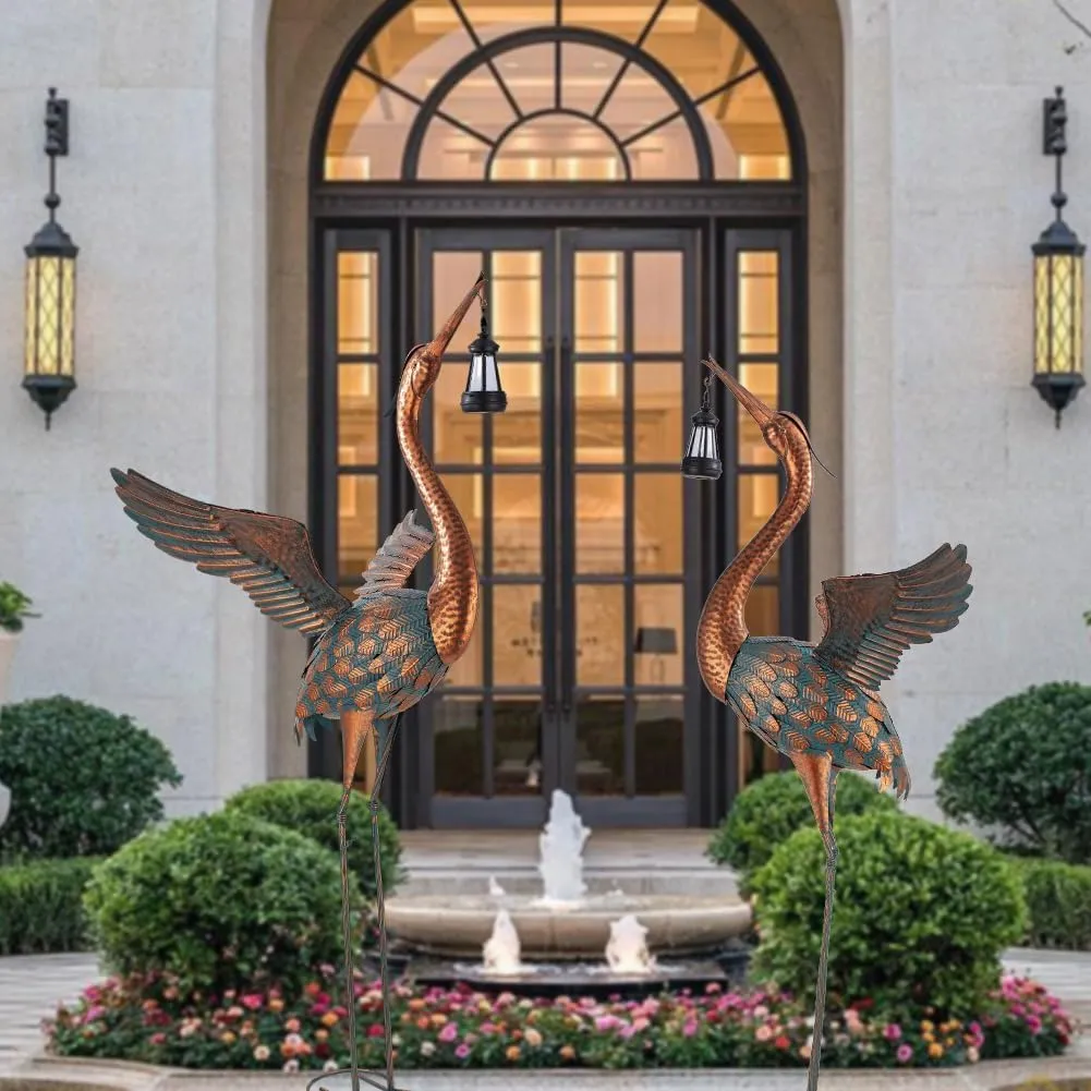 48'' Heron Garden Statue, Large Crane Outdoor Statue with Solar Lantern, Crane Bird Metal Yard Art for Outside Backyard, Pond, Porch Decor