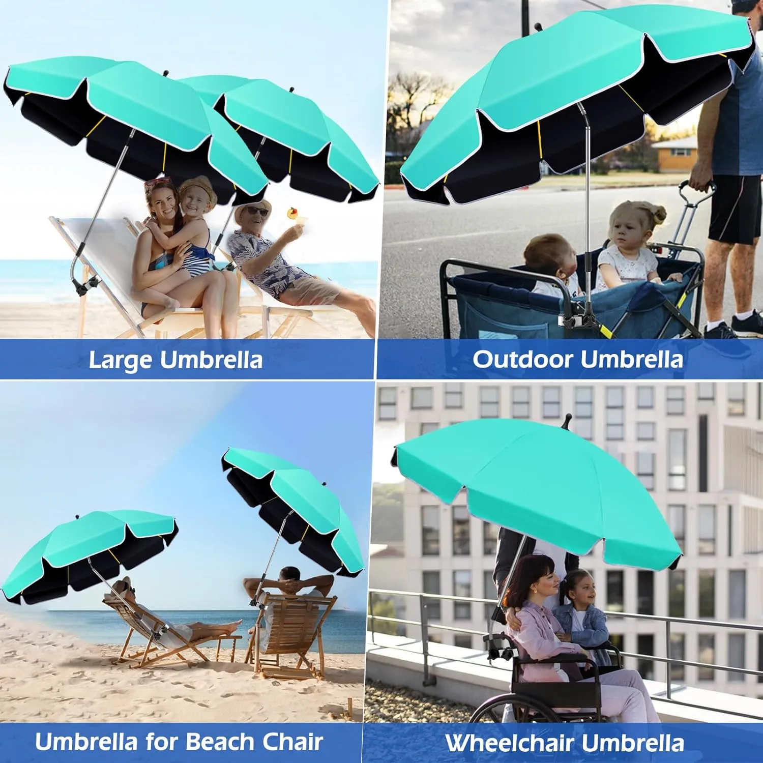 48.8 inch Large Beach Umbrella with Clamp Sun Shade for Beach Chair, 360°Adjustable UV Protection Golf Umbrella with Clip for Outdoor Patio Stroller Wheelchair