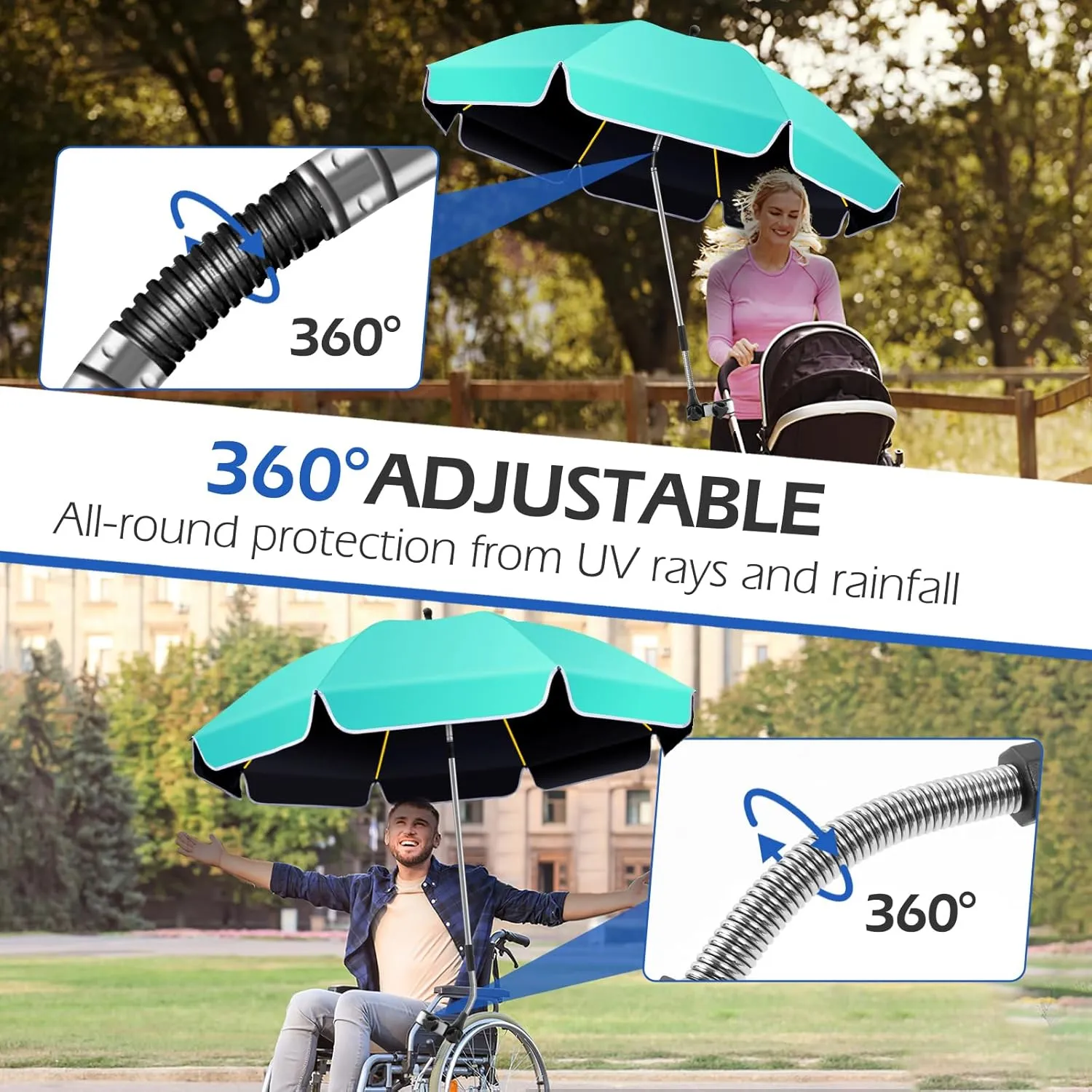 48.8 inch Large Beach Umbrella with Clamp Sun Shade for Beach Chair, 360°Adjustable UV Protection Golf Umbrella with Clip for Outdoor Patio Stroller Wheelchair