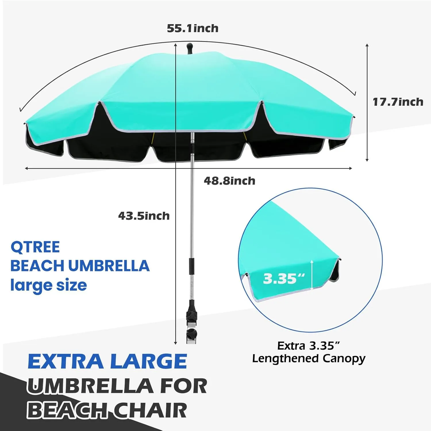 48.8 inch Large Beach Umbrella with Clamp Sun Shade for Beach Chair, 360°Adjustable UV Protection Golf Umbrella with Clip for Outdoor Patio Stroller Wheelchair
