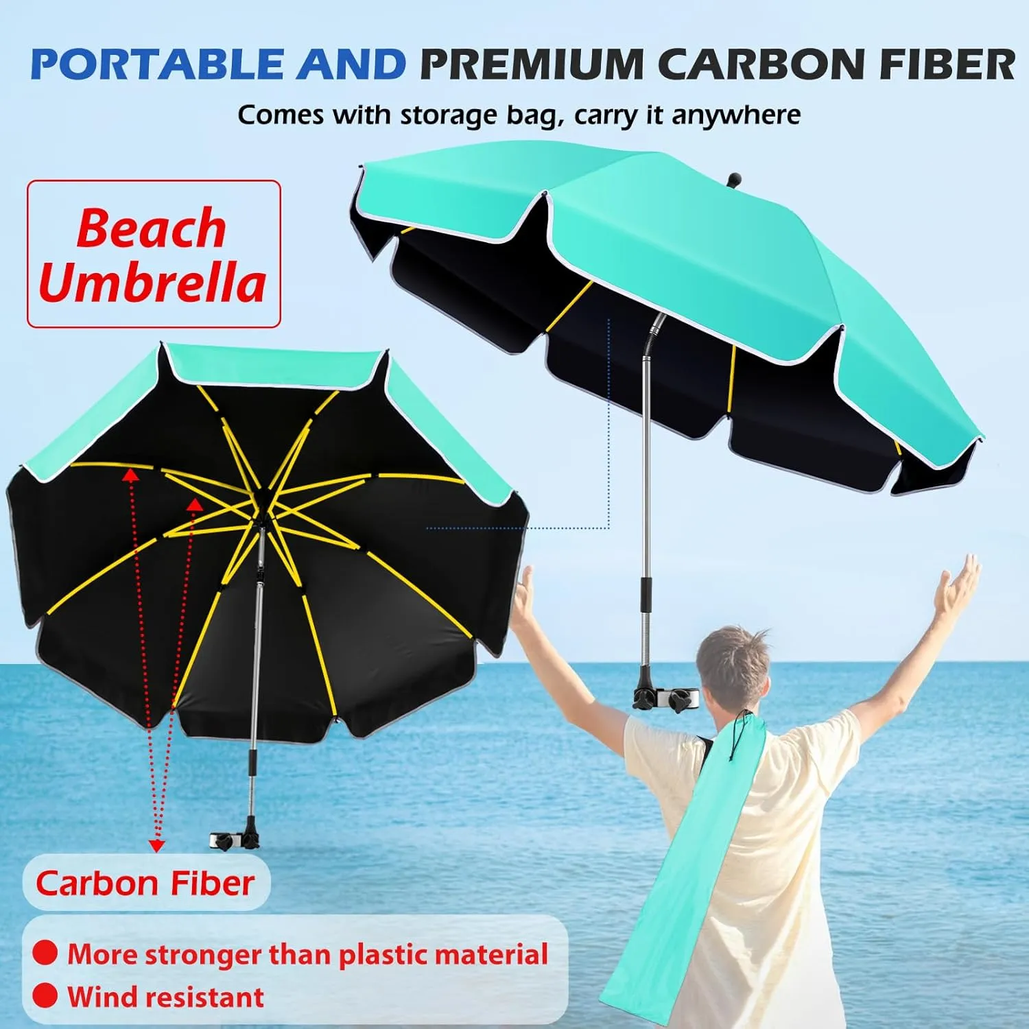 48.8 inch Large Beach Umbrella with Clamp Sun Shade for Beach Chair, 360°Adjustable UV Protection Golf Umbrella with Clip for Outdoor Patio Stroller Wheelchair