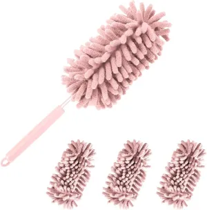 4Pcs Reusable Microfiber dusters Refills Microfiber Duster for Cleaning extendable Pole Duster Washable Damp Duster Bendable Dry Dusters with Extension Handle Pole Supplies (Pink)