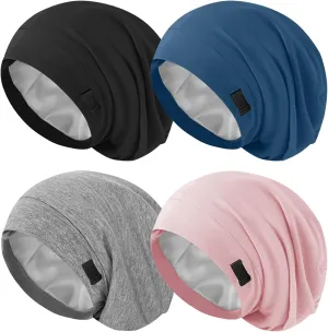 4Pcs Silk Satin Lined Sleep Cap Bonnets for Women Men, Adjustable Satin Bonnet for Sleeping Hair Wrap Slouchy Beanie Hat for Curly Hair and Braids