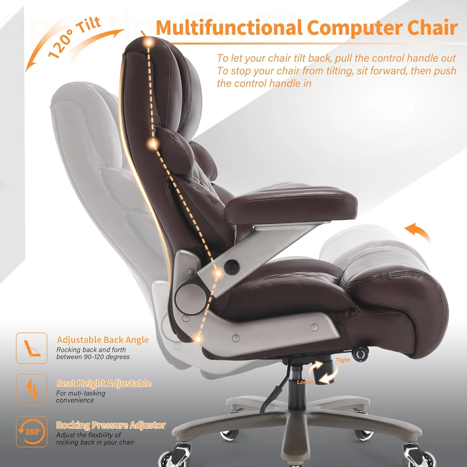 500lbs Big and Tall Office Chair-Large Computer Chair with Adjustable Lumbar Support 3D Flip Arms Plus Size Wheels, High Back Executive Desk Chair, Heavy Duty Metal Base, Thick Padded Wide Seat