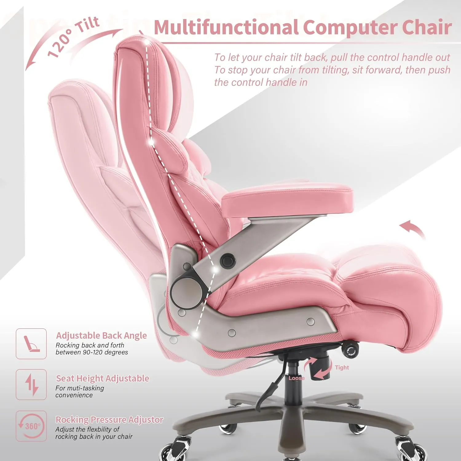 500lbs Big and Tall Office Chair-Large Computer Chair with Adjustable Lumbar Support 3D Flip Arms Plus Size Wheels, High Back Executive Desk Chair, Heavy Duty Metal Base, Thick Padded Wide Seat