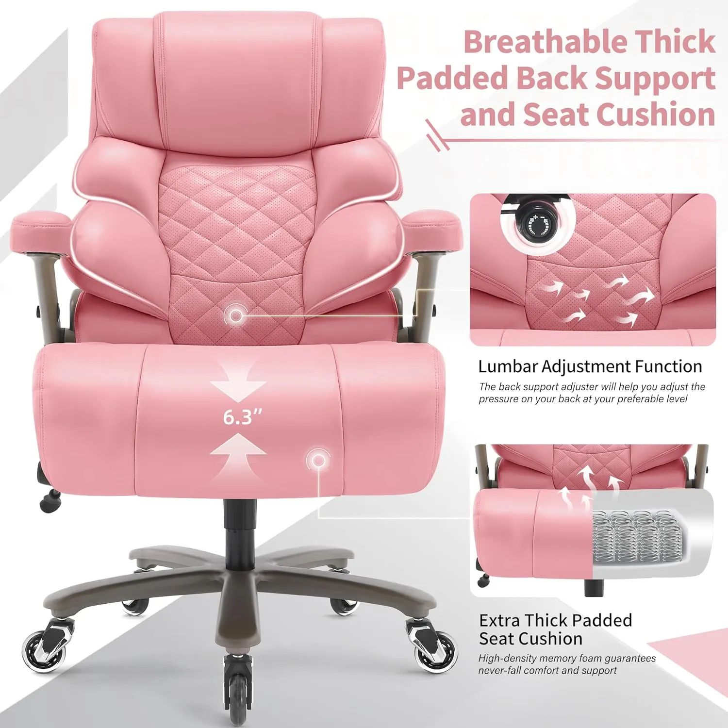 500lbs Big and Tall Office Chair-Large Computer Chair with Adjustable Lumbar Support 3D Flip Arms Plus Size Wheels, High Back Executive Desk Chair, Heavy Duty Metal Base, Thick Padded Wide Seat