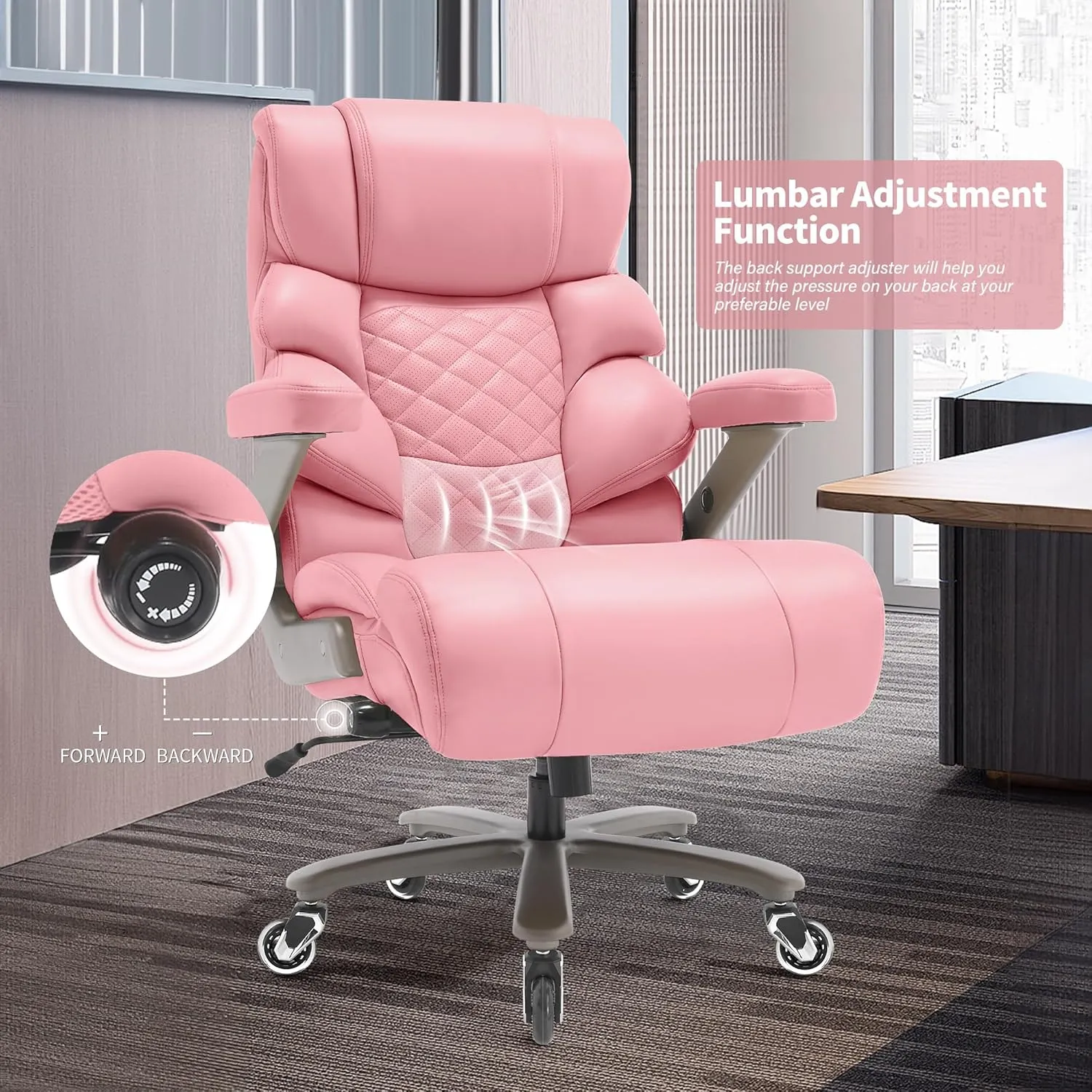 500lbs Big and Tall Office Chair-Large Computer Chair with Adjustable Lumbar Support 3D Flip Arms Plus Size Wheels, High Back Executive Desk Chair, Heavy Duty Metal Base, Thick Padded Wide Seat