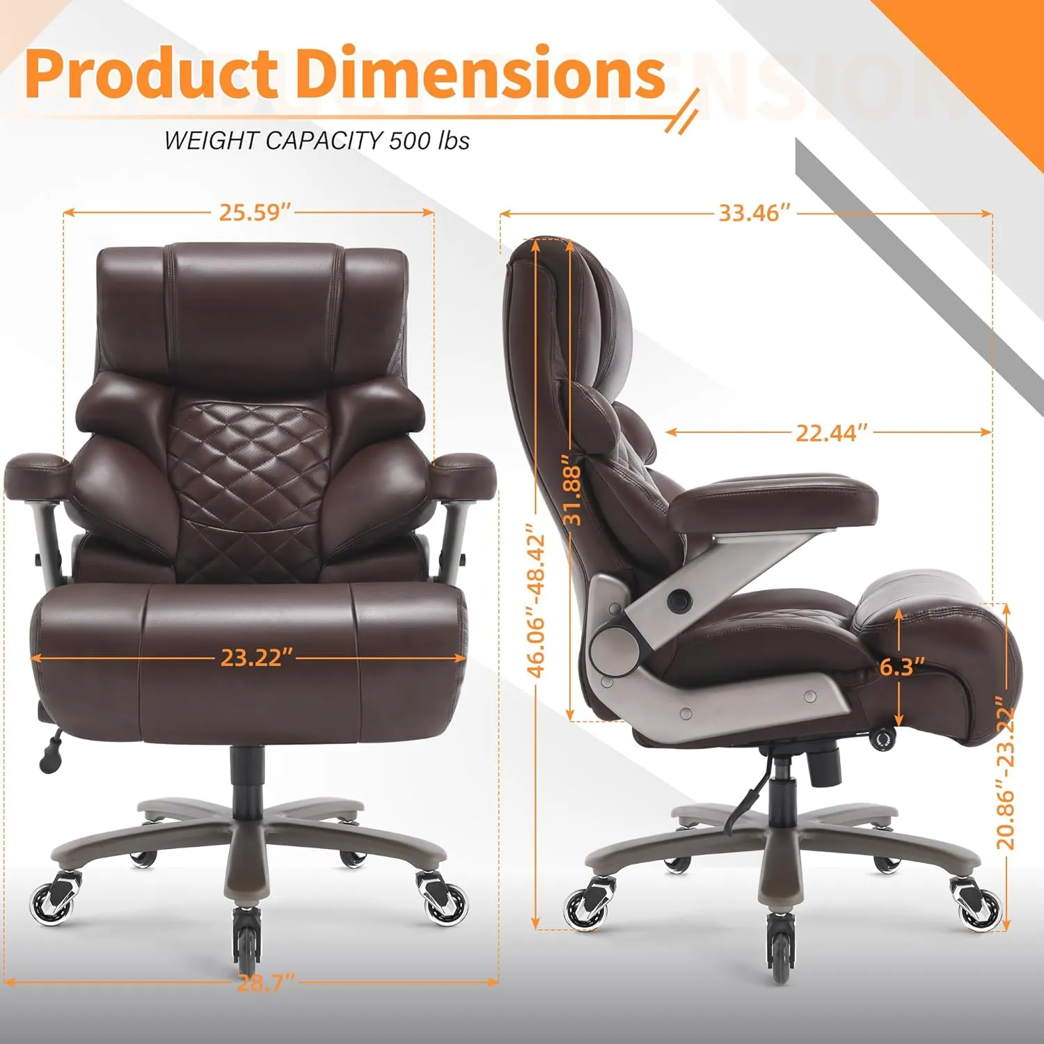 500lbs Big and Tall Office Chair-Large Computer Chair with Adjustable Lumbar Support 3D Flip Arms Plus Size Wheels, High Back Executive Desk Chair, Heavy Duty Metal Base, Thick Padded Wide Seat