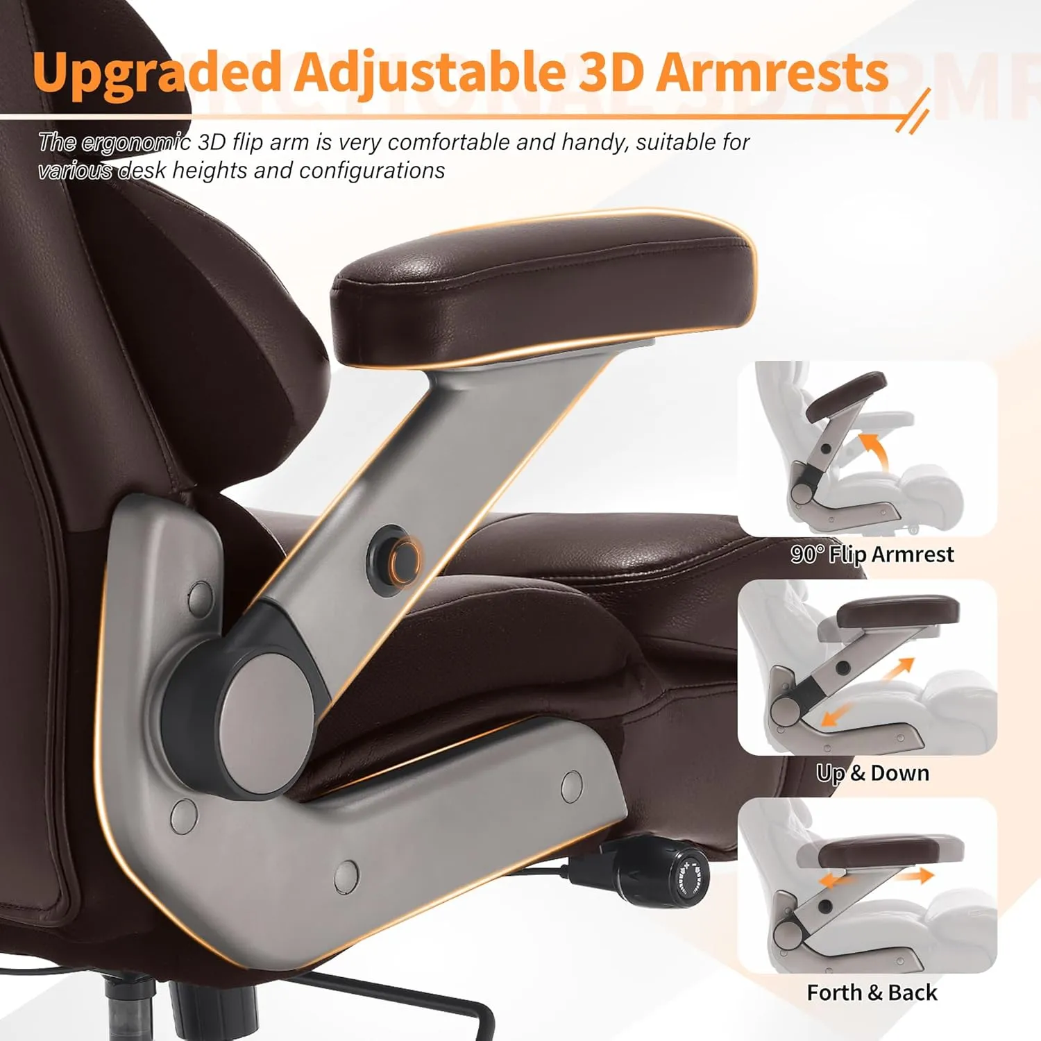 500lbs Big and Tall Office Chair-Large Computer Chair with Adjustable Lumbar Support 3D Flip Arms Plus Size Wheels, High Back Executive Desk Chair, Heavy Duty Metal Base, Thick Padded Wide Seat