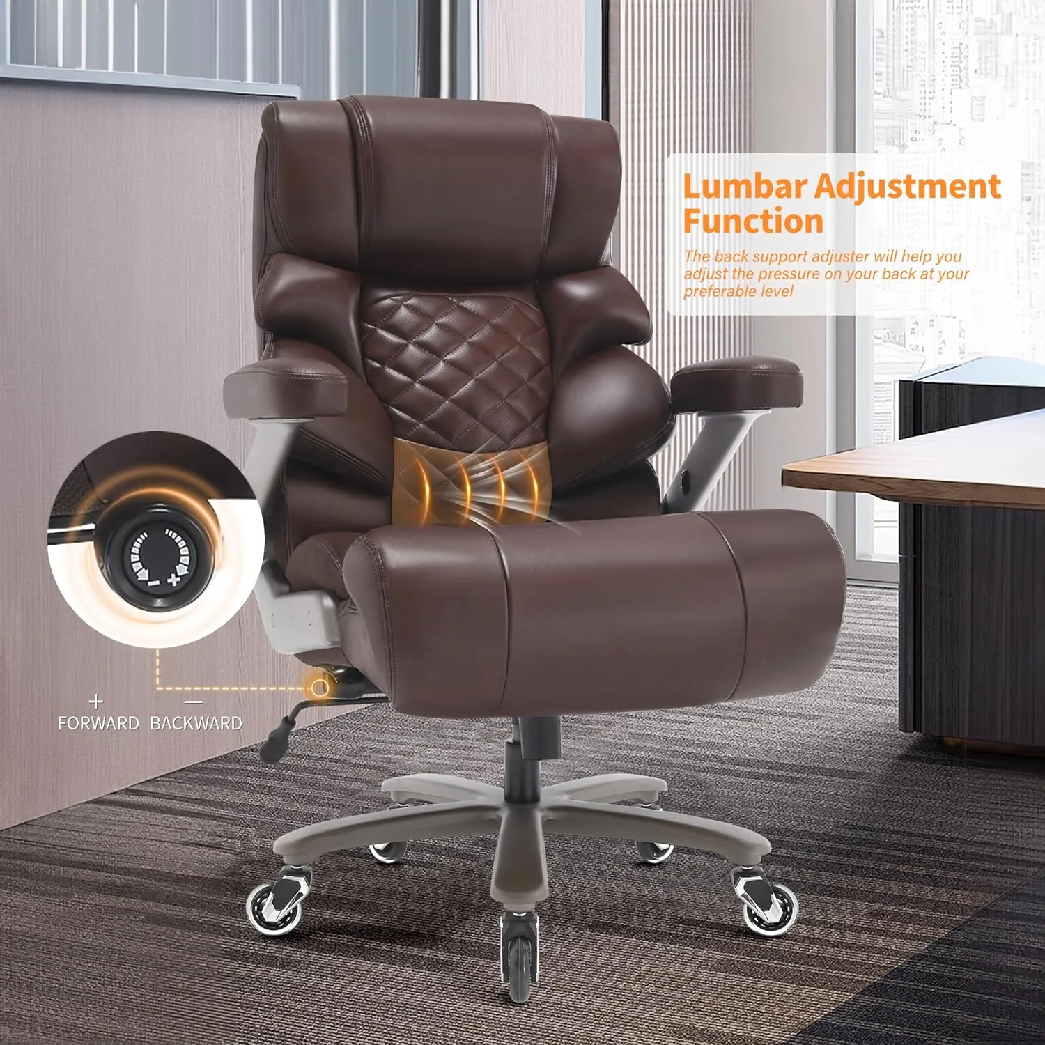 500lbs Big and Tall Office Chair-Large Computer Chair with Adjustable Lumbar Support 3D Flip Arms Plus Size Wheels, High Back Executive Desk Chair, Heavy Duty Metal Base, Thick Padded Wide Seat