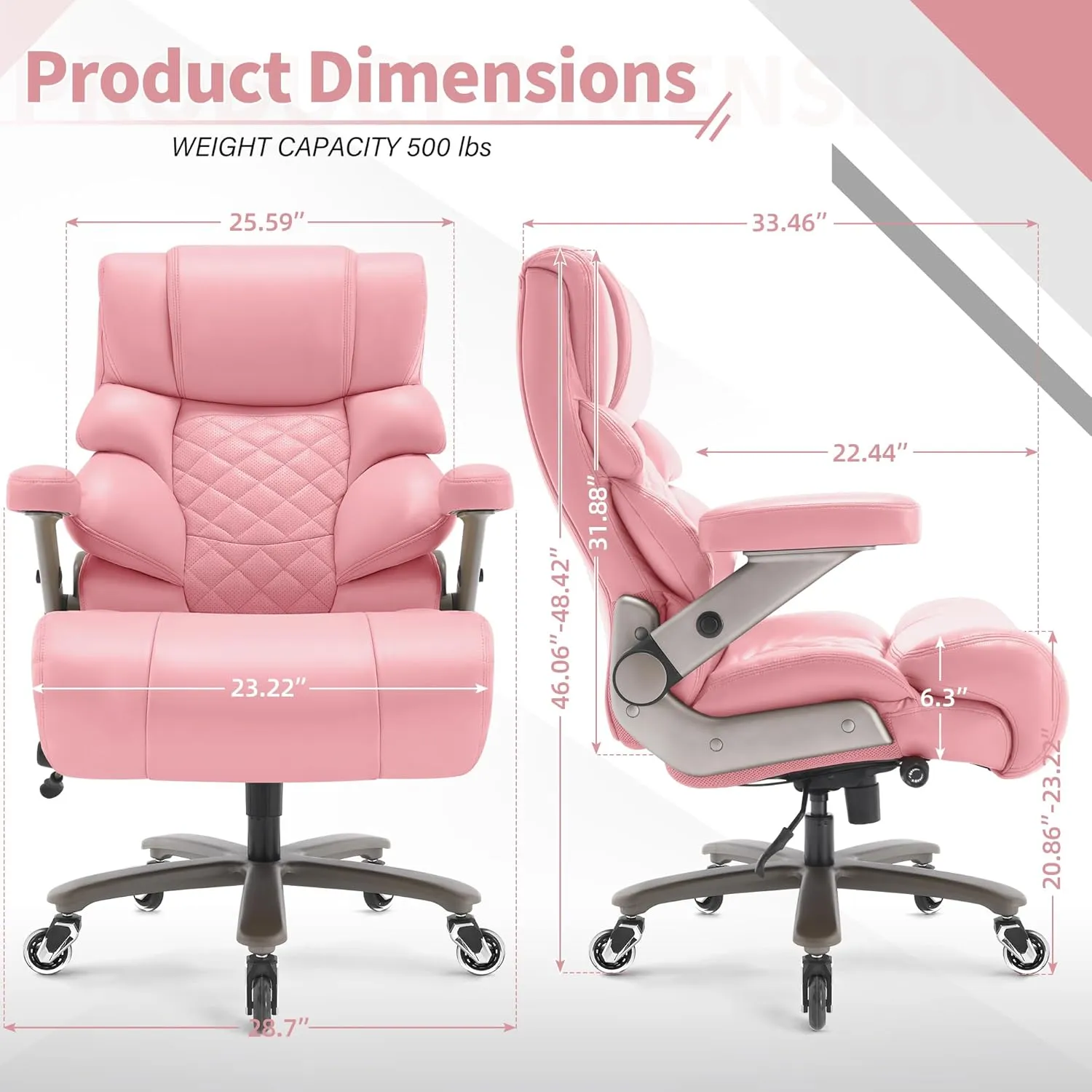 500lbs Big and Tall Office Chair-Large Computer Chair with Adjustable Lumbar Support 3D Flip Arms Plus Size Wheels, High Back Executive Desk Chair, Heavy Duty Metal Base, Thick Padded Wide Seat