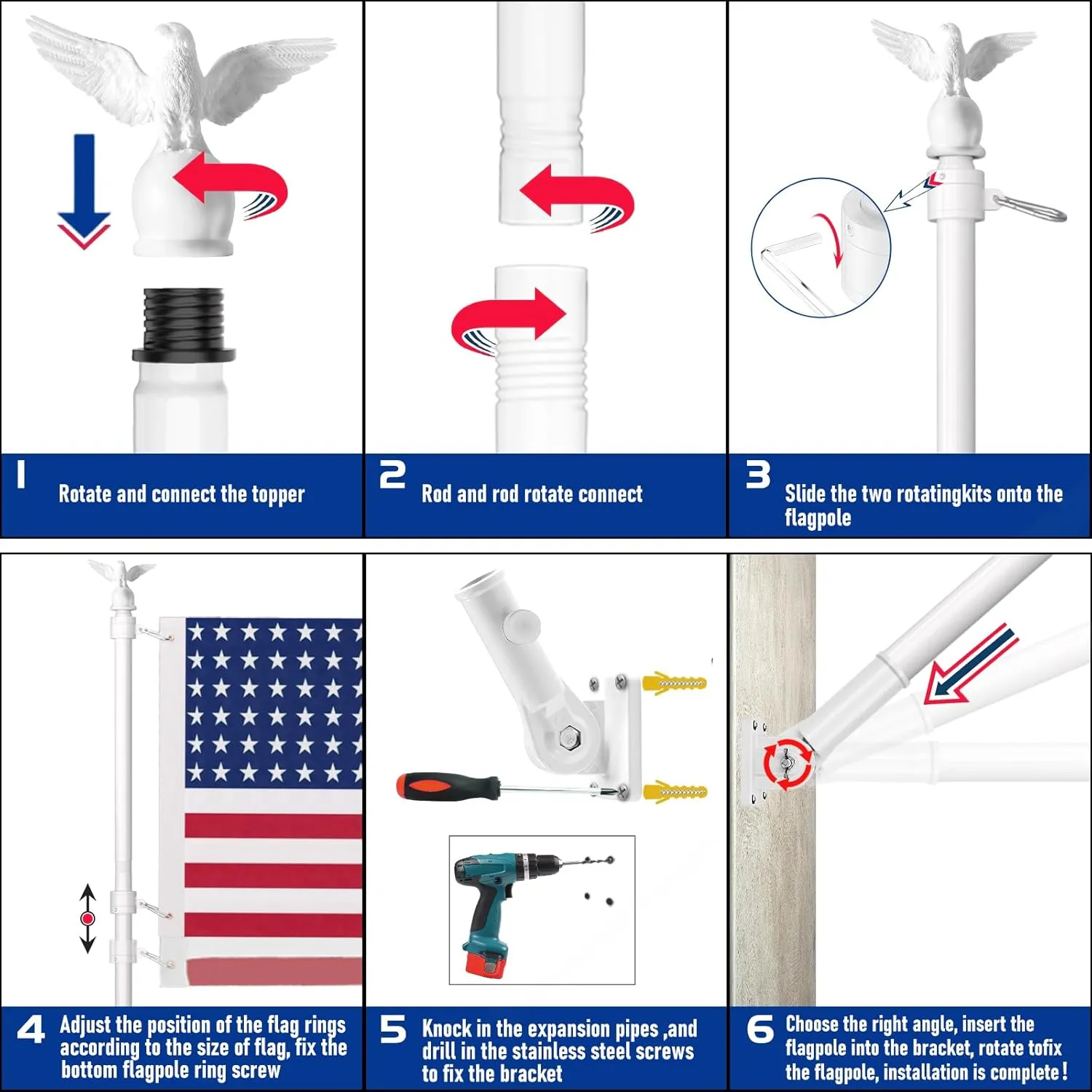 5FT Flag Pole for Outside House with Adjustable Bracket, Upgrade Stainless Steel Tangle Free Flagpole, Heavy Duty House Flagpole for 3x5 Flags for Residential, Outdoor or Porch, White
