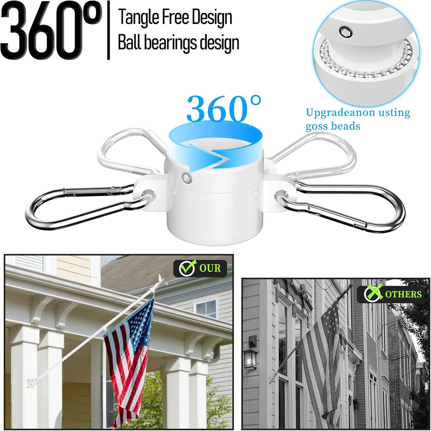 5FT Flag Pole for Outside House with Adjustable Bracket, Upgrade Stainless Steel Tangle Free Flagpole, Heavy Duty House Flagpole for 3x5 Flags for Residential, Outdoor or Porch, White