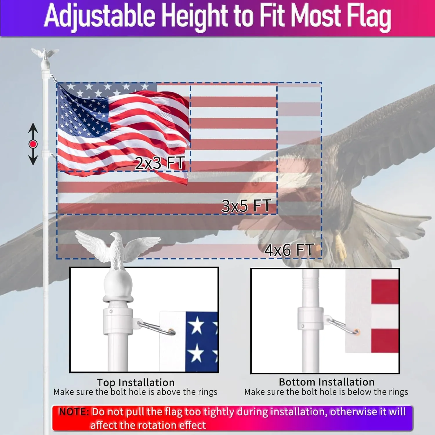 5FT Flag Pole for Outside House with Adjustable Bracket, Upgrade Stainless Steel Tangle Free Flagpole, Heavy Duty House Flagpole for 3x5 Flags for Residential, Outdoor or Porch, White