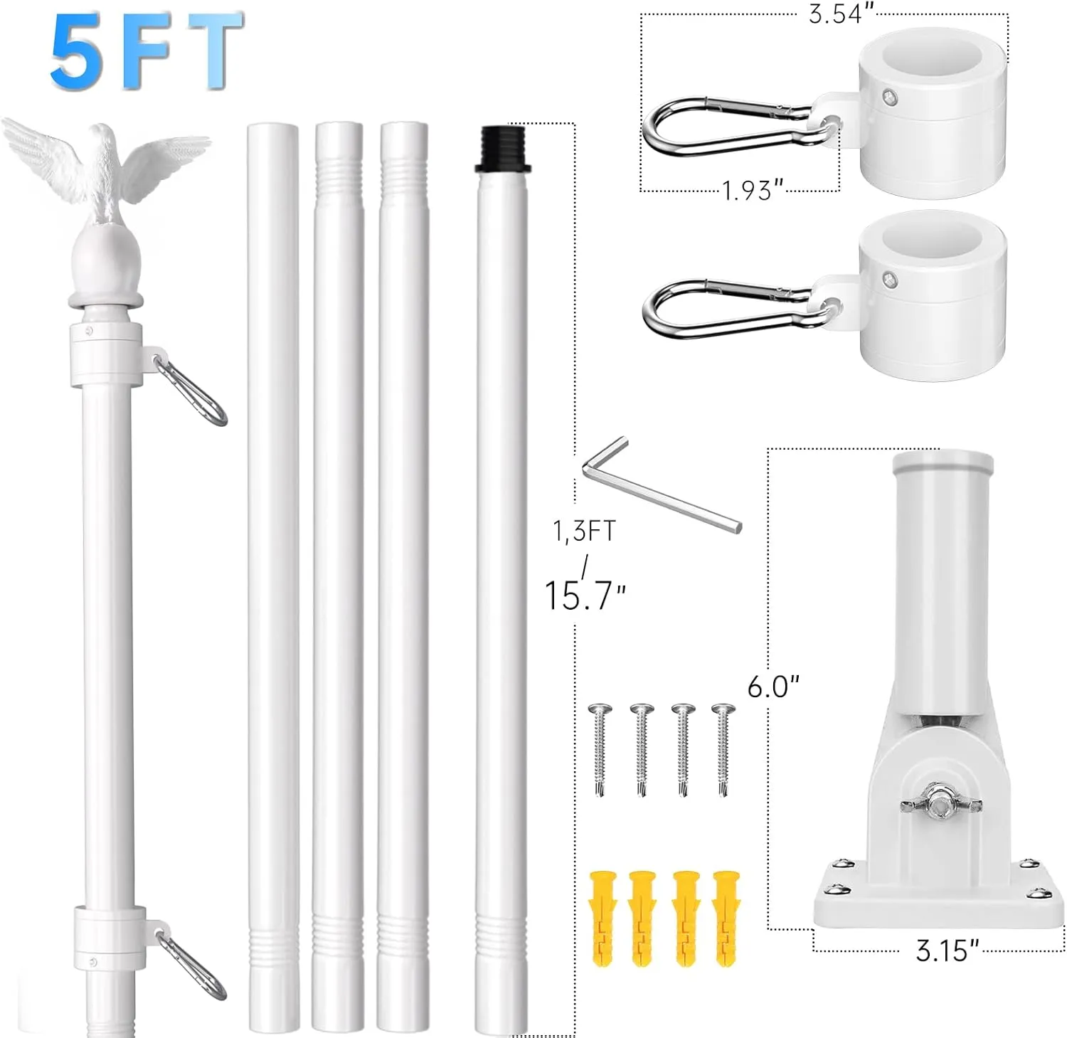 5FT Flag Pole for Outside House with Adjustable Bracket, Upgrade Stainless Steel Tangle Free Flagpole, Heavy Duty House Flagpole for 3x5 Flags for Residential, Outdoor or Porch, White
