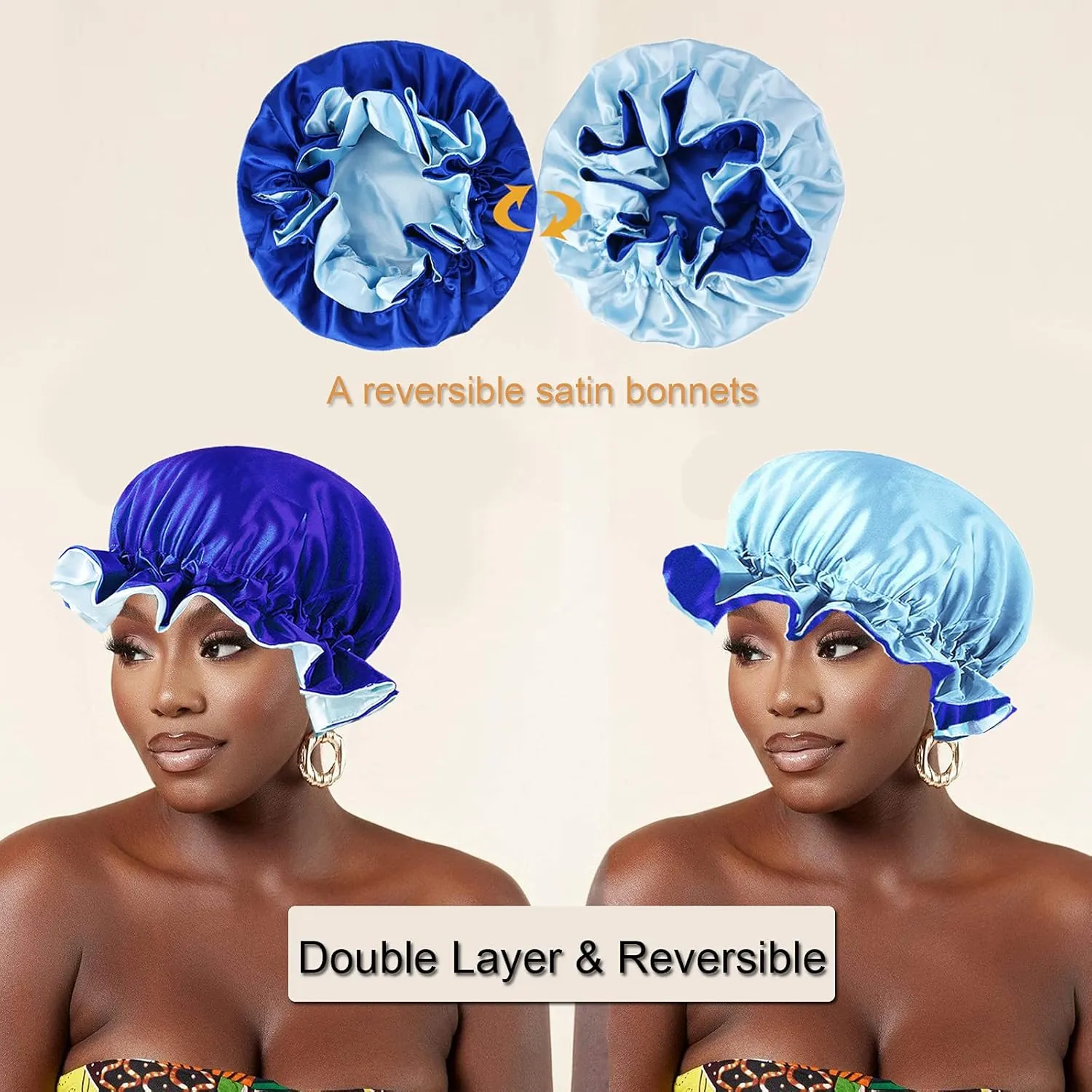 5pcs Satin Silk Hair Bonnet for Sleeping Women, Sleep Bonnets for Women, Silky Double Layer Adjustable Sleep Cap for Curly Hair Braids
