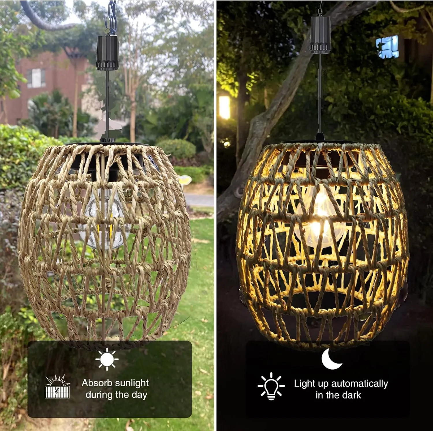 6 Hours Timer Battery Operated Outdoor Hanging Light Seagrass Woven Waterproof Porch Gazebo Patio Pendant Lantern Chandelier Lighting Decorative Hollow-Out Auto On/Off Warm White Bulb