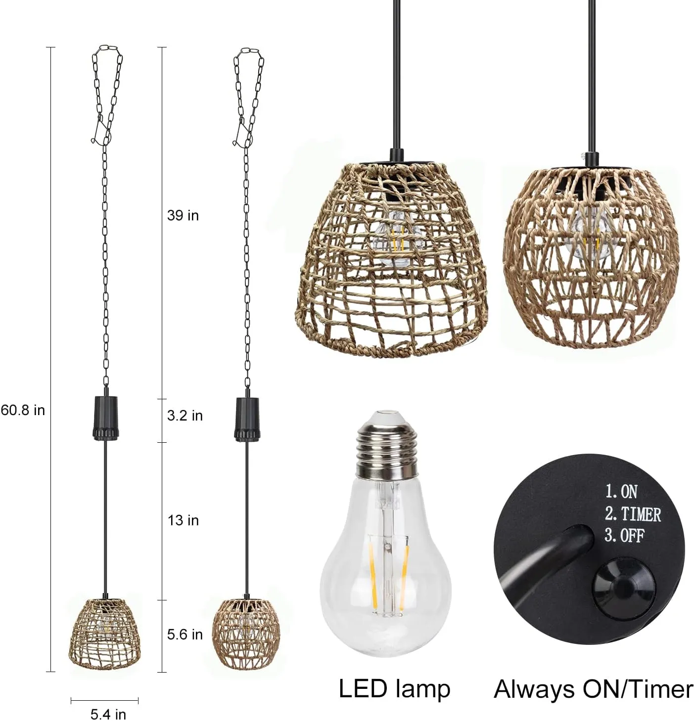 6 Hours Timer Battery Operated Outdoor Hanging Light Seagrass Woven Waterproof Porch Gazebo Patio Pendant Lantern Chandelier Lighting Decorative Hollow-Out Auto On/Off Warm White Bulb