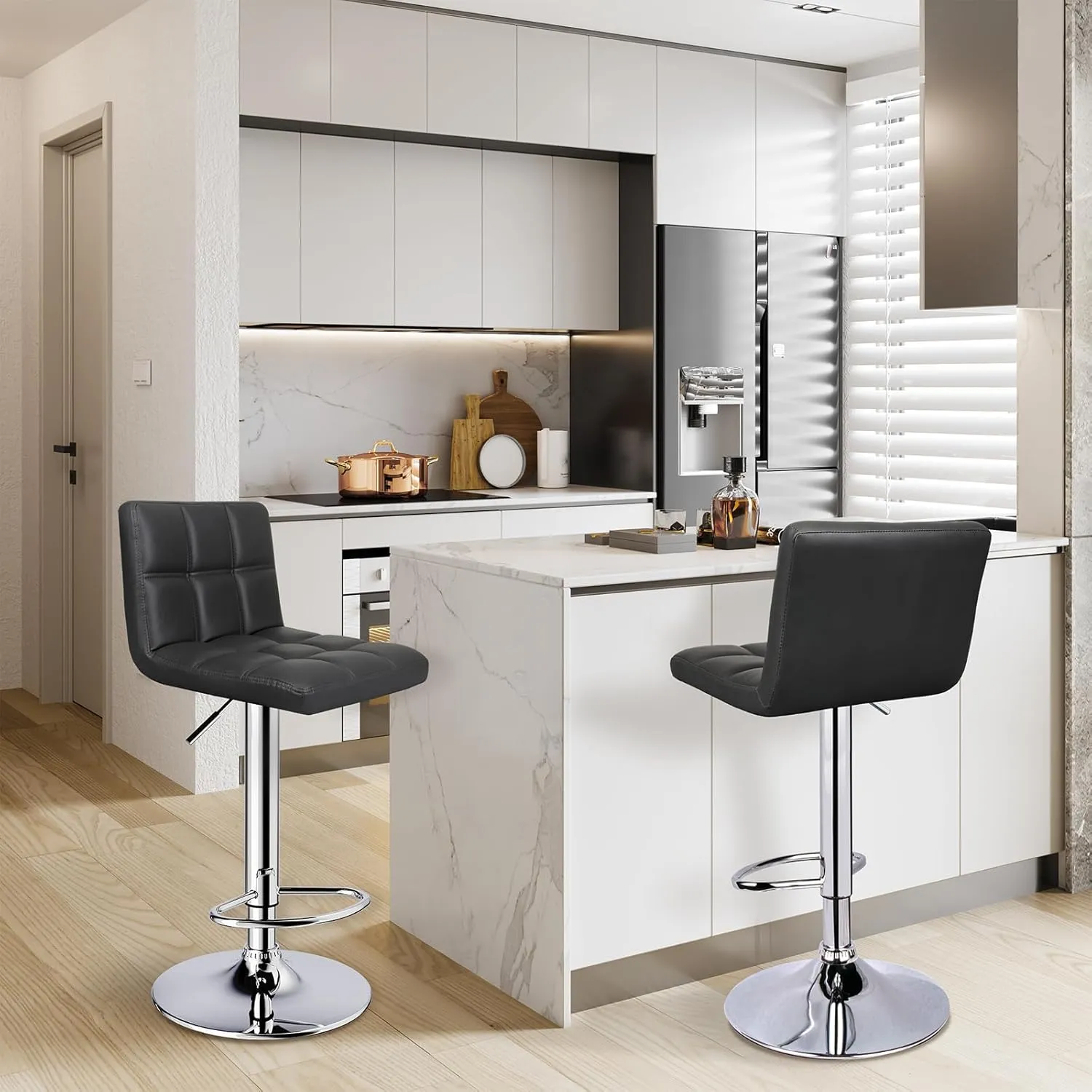 6-Squares Back with Double Needle Adjustable Bar Stools, Set of 2, Black